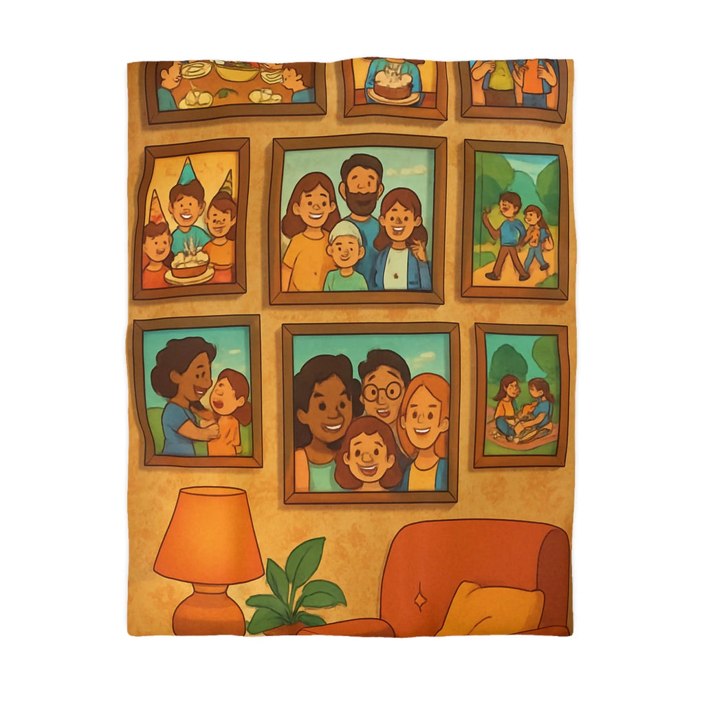 Housse de Couette Famille Heureuse avec Cadres Photo et Éléments Vintage pour Chambre