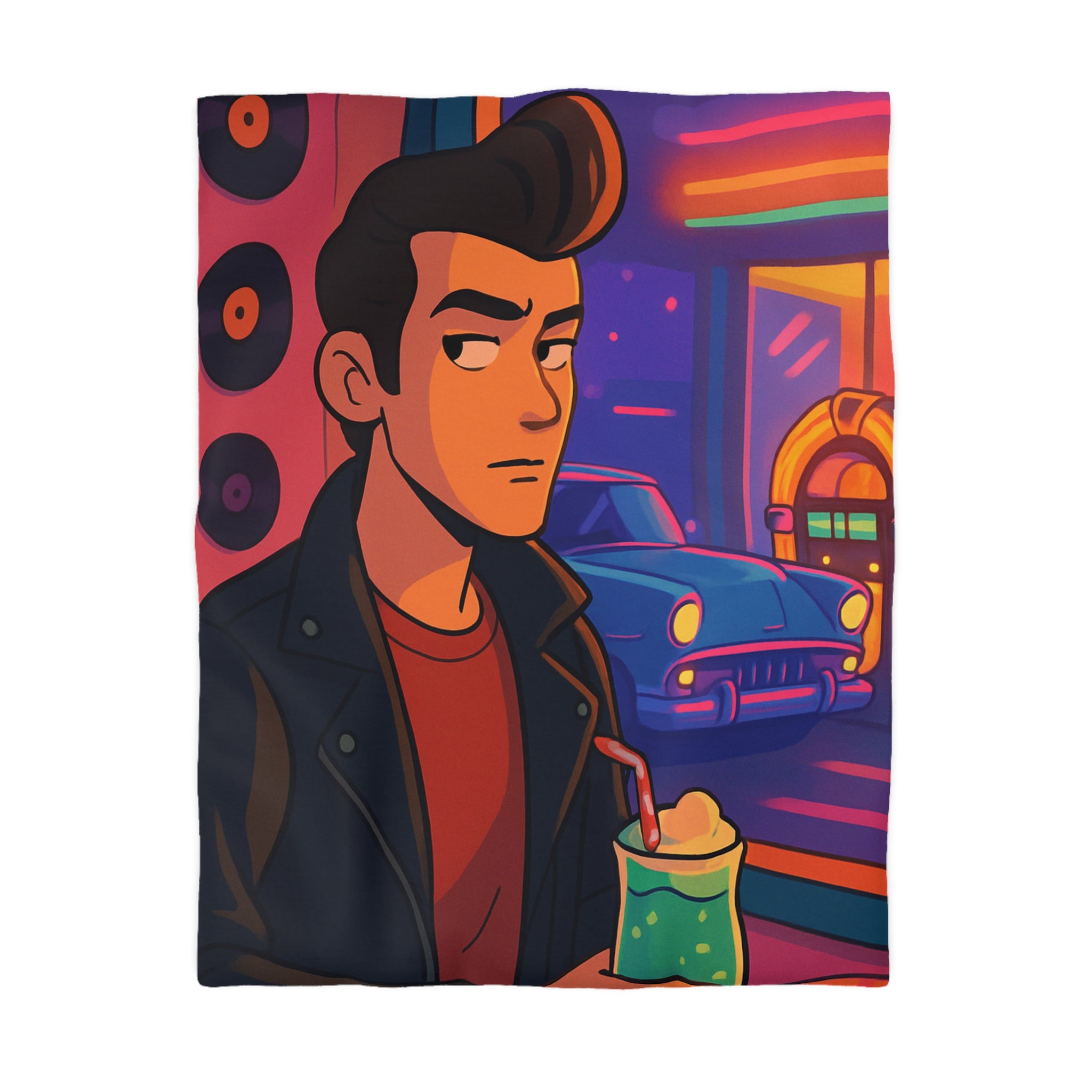 Housse de couette rétro avec voiture vintage et ambiance néon au style coloré