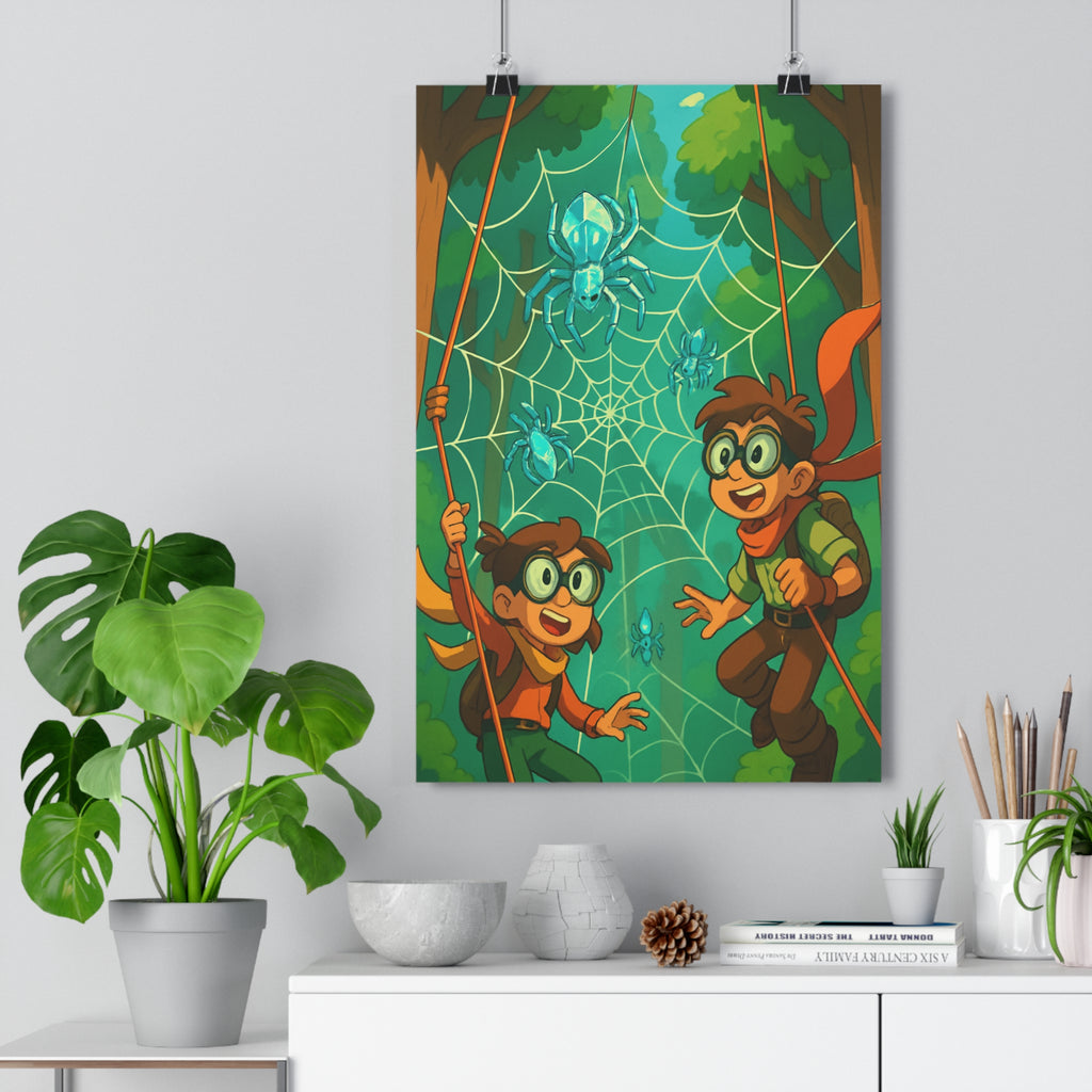 Poster décoratif aventure dessin animé vert bleu enfant chambre forêt mystique explorateurs dynamique 30x46