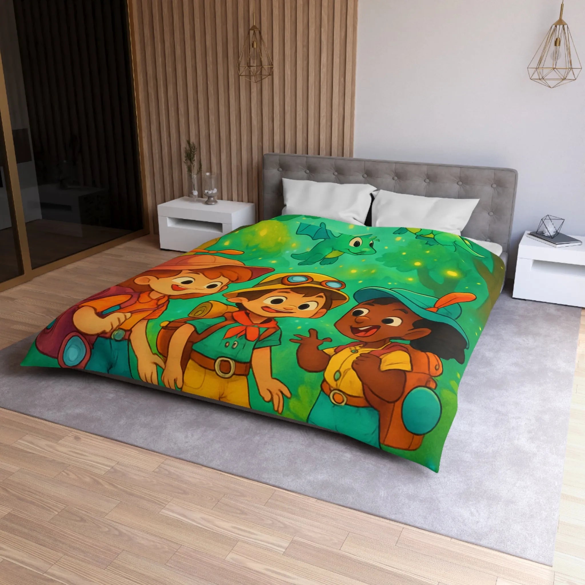 Housse de couette enfants aventure forêt avec dragons et jeunes explorateurs joyeux
