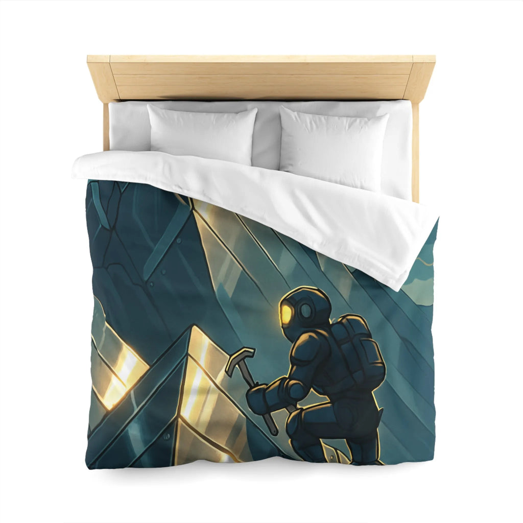 Housse de couette futuriste avec alpiniste et montagnes sous orage électrique