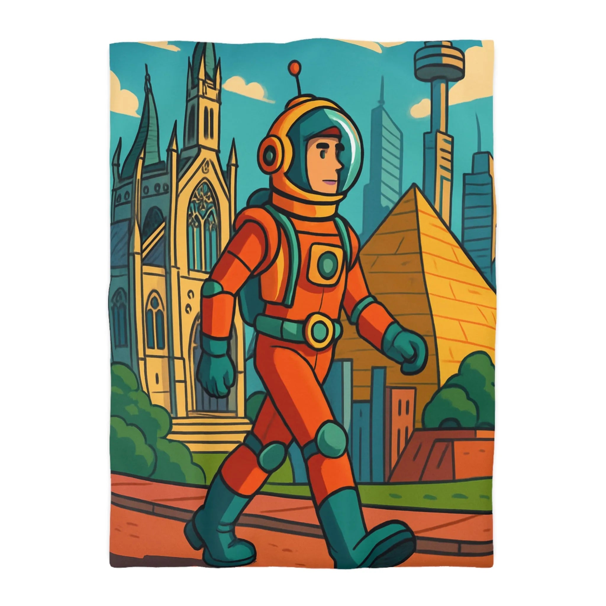 Housse de Couette Astronaute avec Paysages Urbains et Architecturaux, Couleurs Vives et Design Moderne