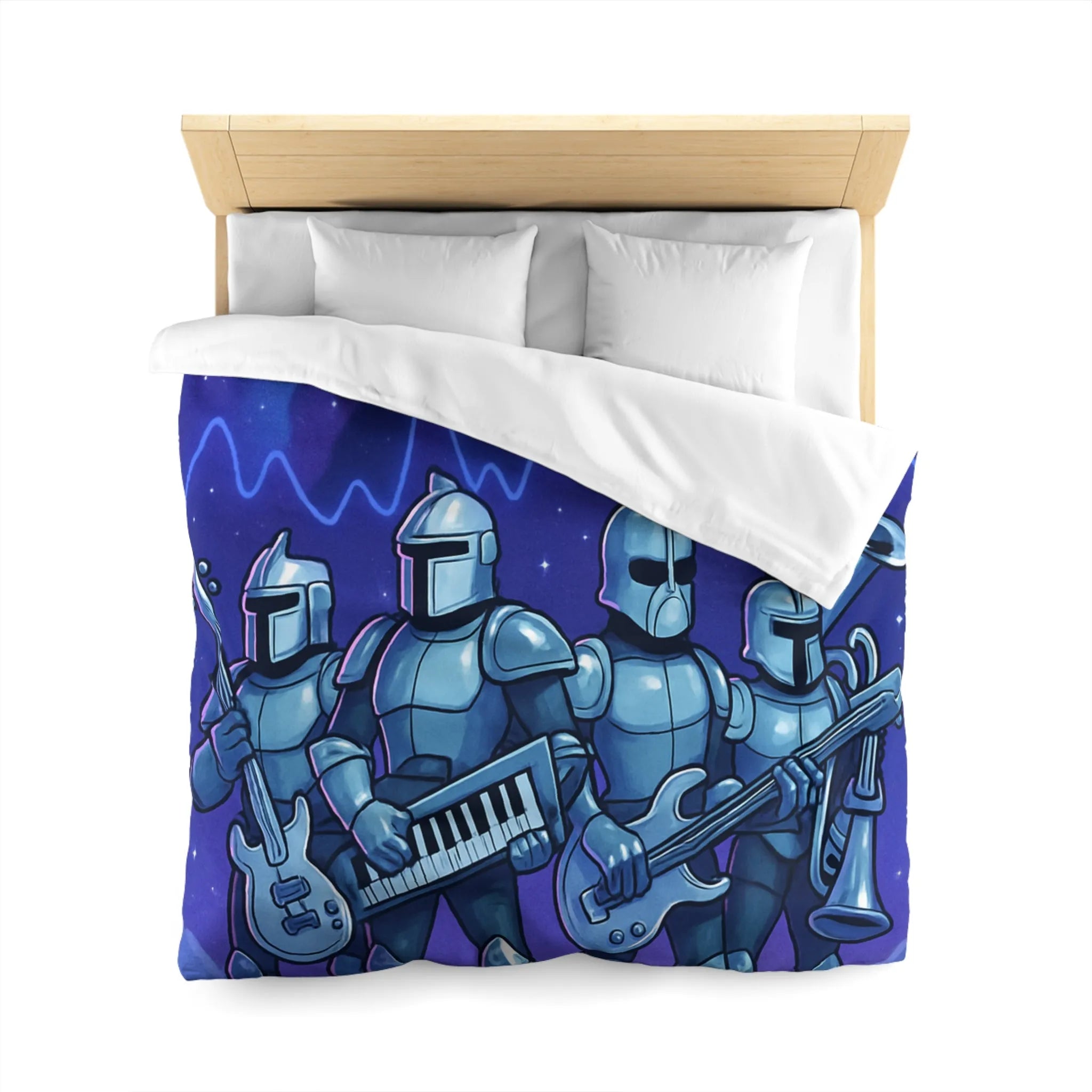 Housse de couette futuriste avec chevaliers musiciens sur fond spatial étoilé galactique