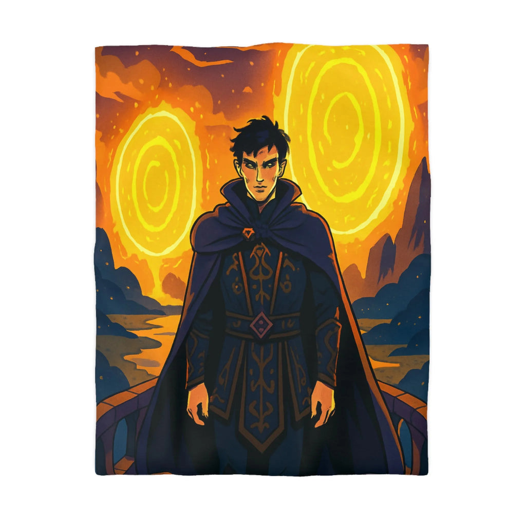 Housse de couette fantastique avec sorcier et portails lumineux dans paysage nocturne magique