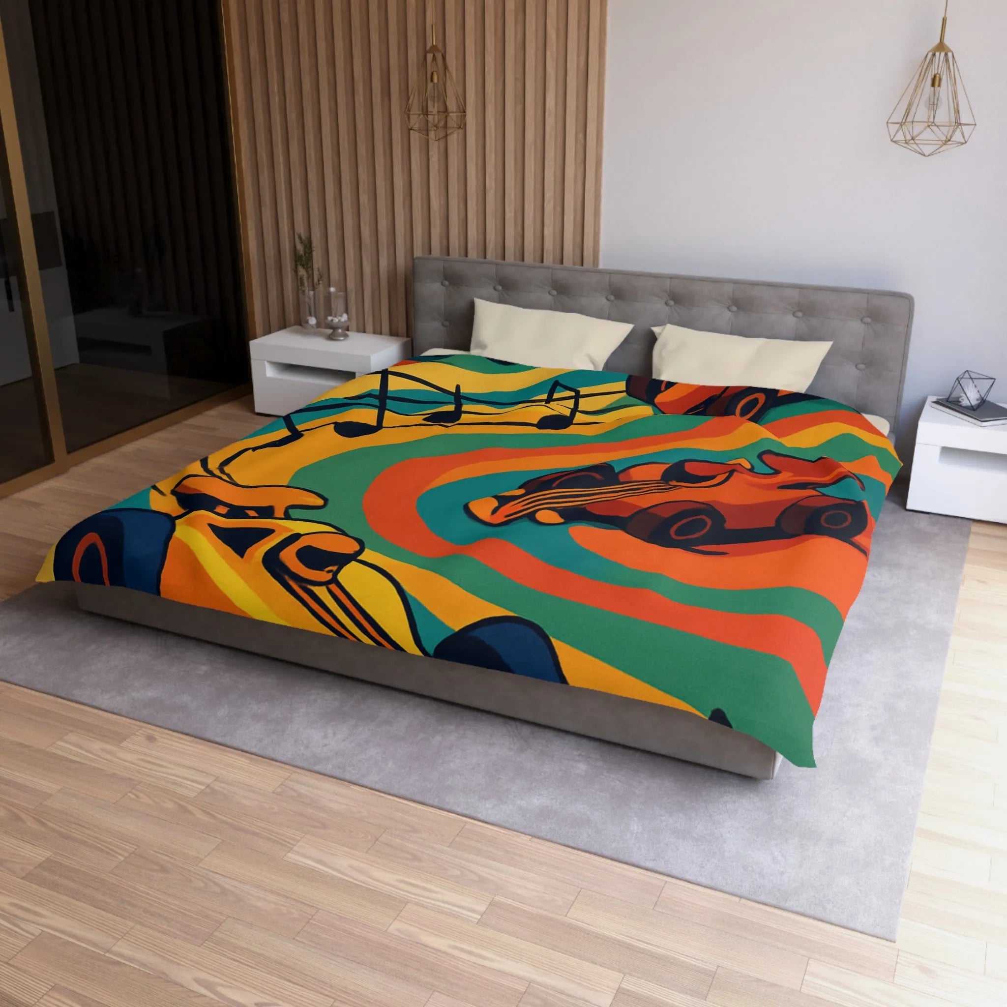 Housse de Couette Course Voitures Musique Vibrante pour Chambre Enfant Thème Animation