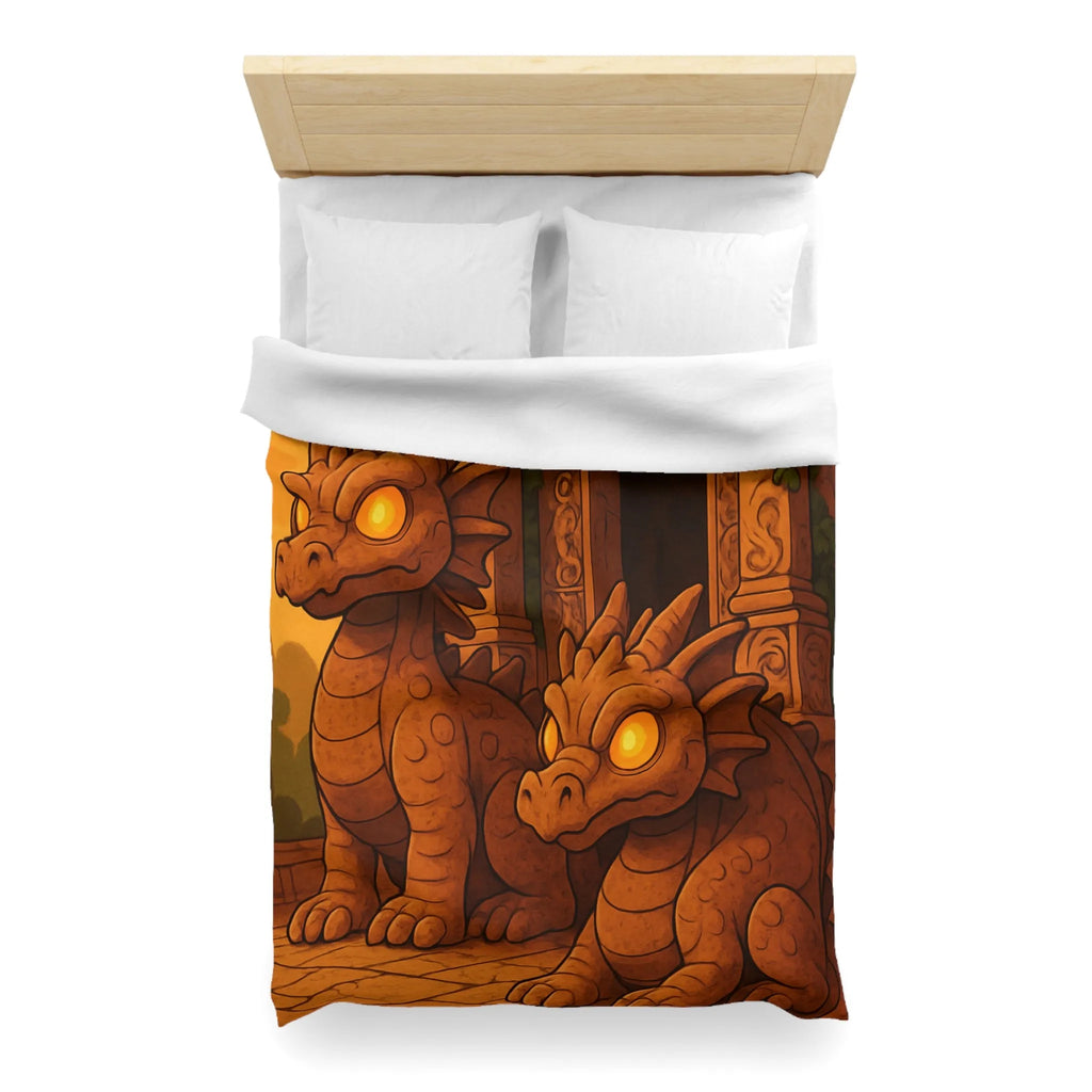 Housse de couette avec dragons en pierre ornant un temple ancien au crépuscule