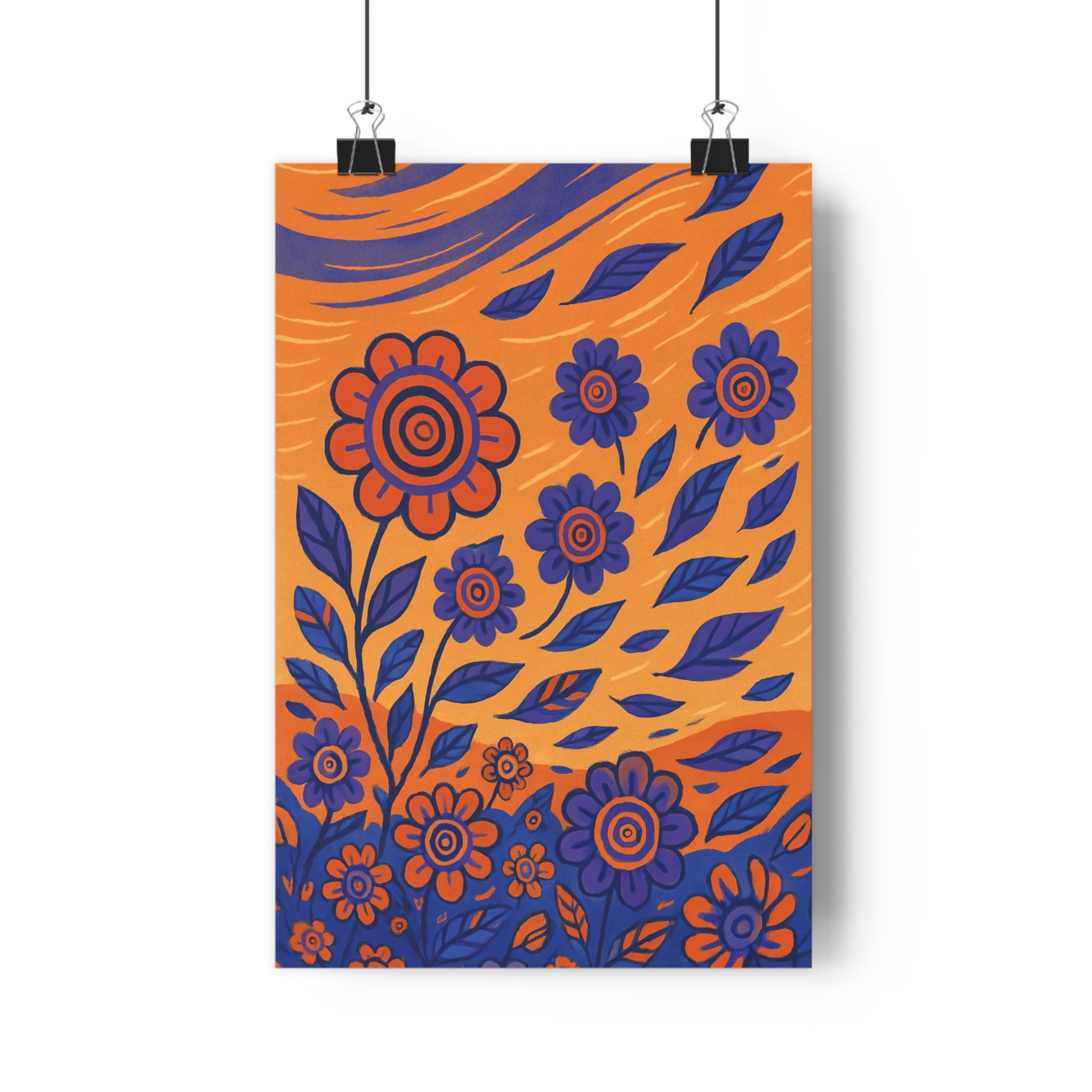 Poster décoratif cartoon fleurs orange violet salon dynamique joyeux moderne artistique vibrant mouvement espace