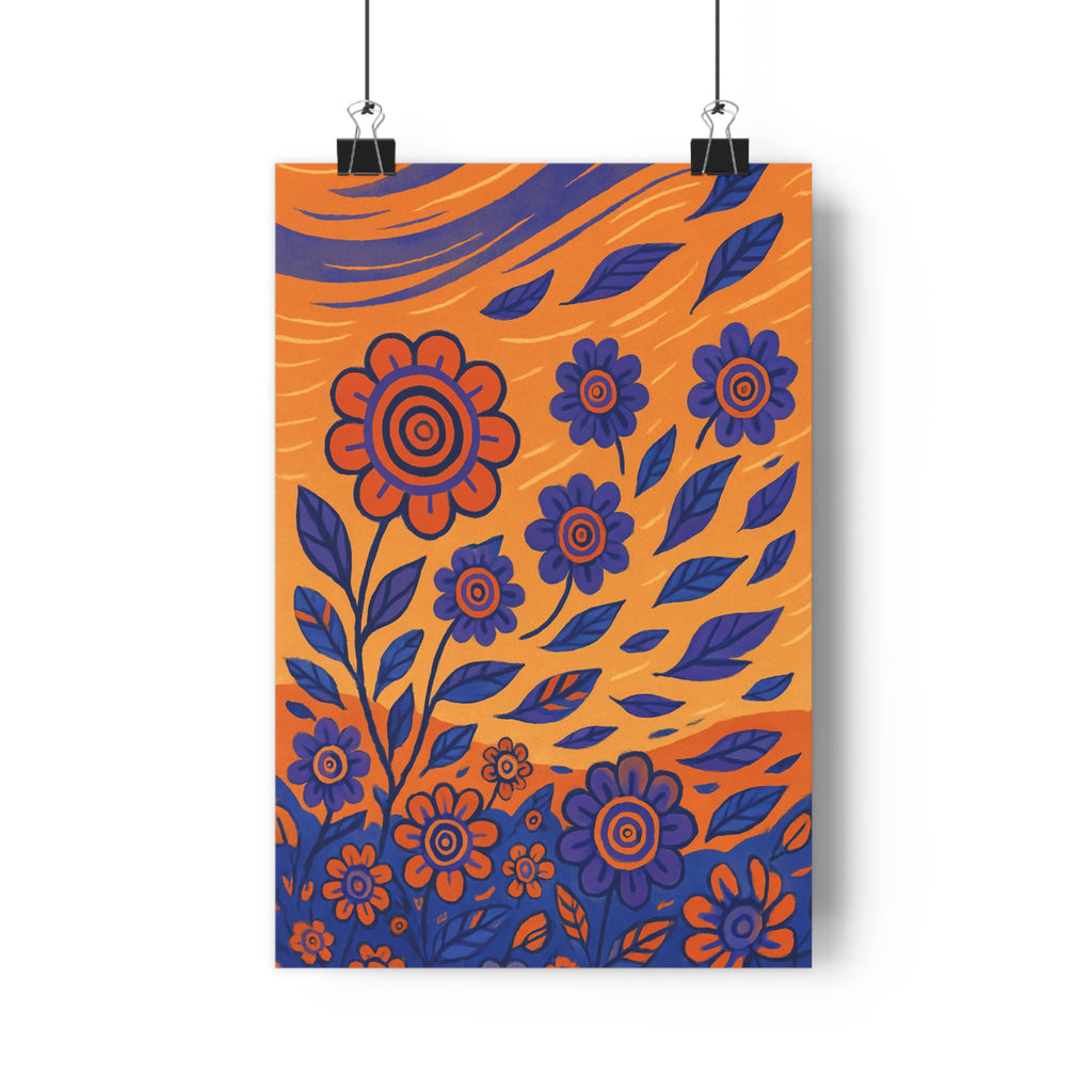 Poster décoratif nature dynamique fleurs orange violet cartoon joyeux salon chambre moderne vibrant élégant