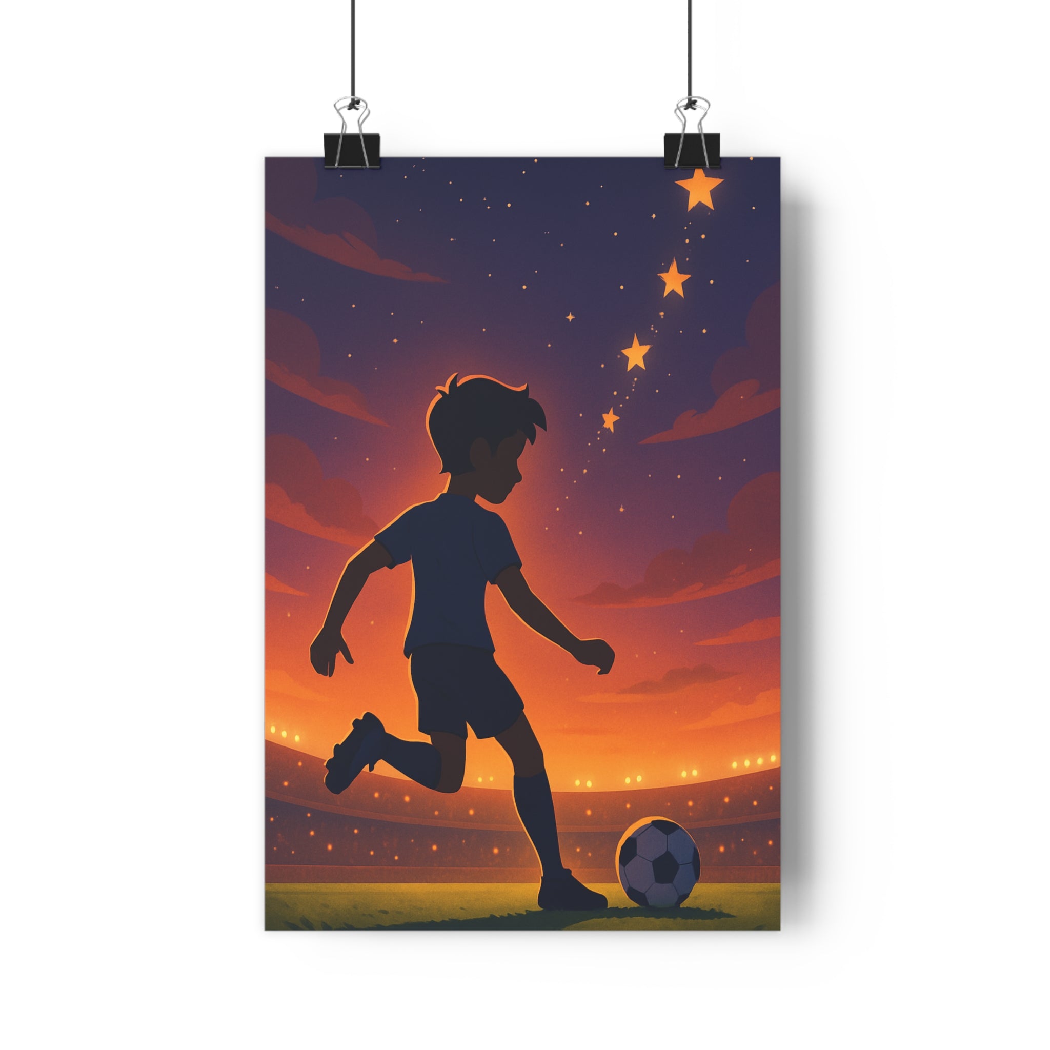 Poster décoratif football joueur action silhouette ciel étoilé moderne ambiance dynamique chambre salon qualité