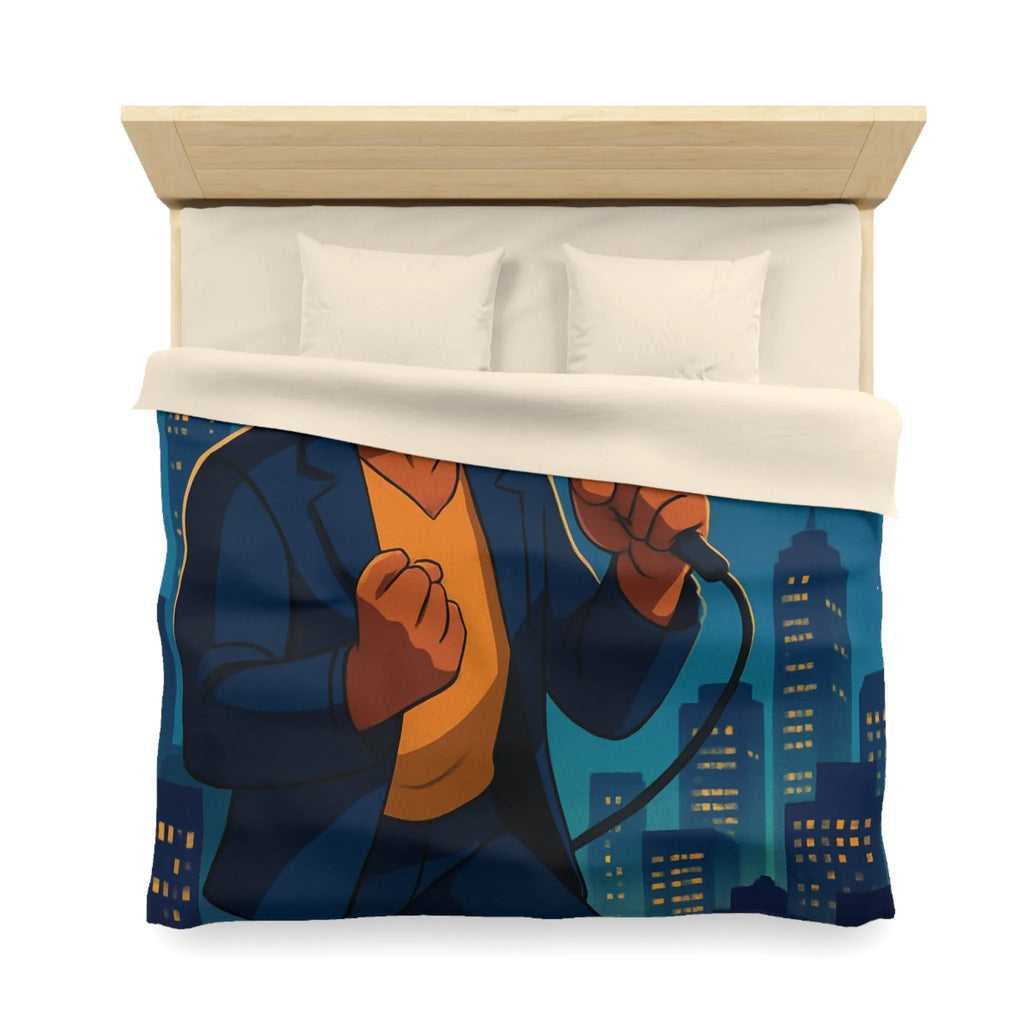 Housse de couette artistique : chanteur vibrant avec coucher de soleil et gratte-ciels