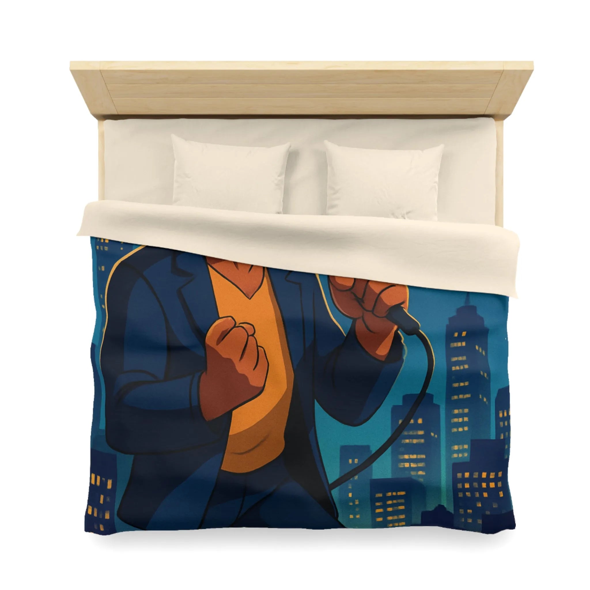 Housse de couette artistique : chanteur vibrant avec coucher de soleil et gratte-ciels