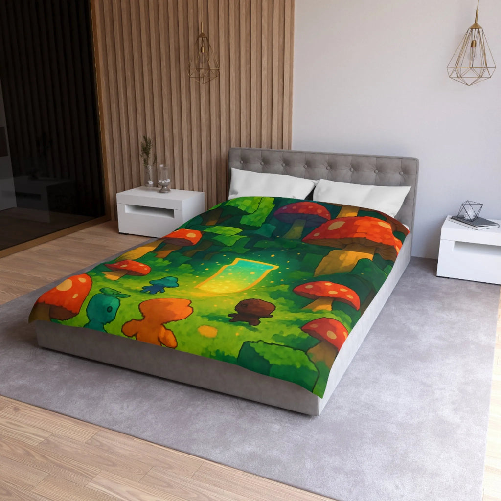 Housse de couette forêt enchantée avec créatures mignonnes et champignons rouges géants magiques
