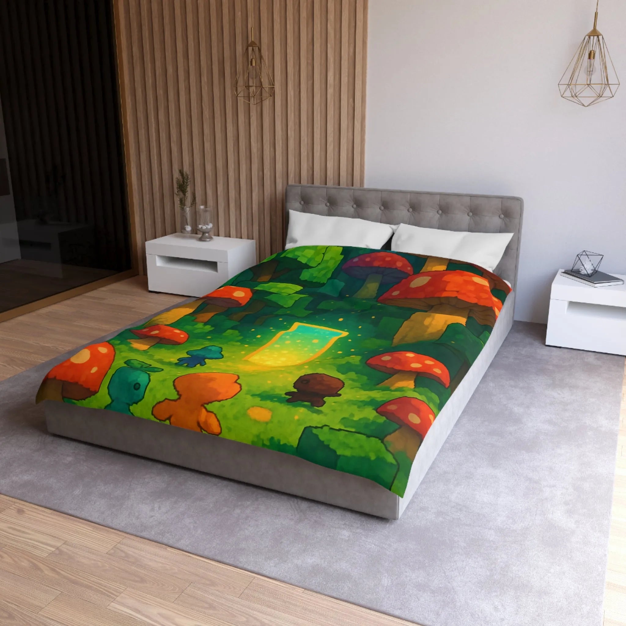 Housse de couette forêt enchantée avec créatures mignonnes et champignons rouges géants magiques