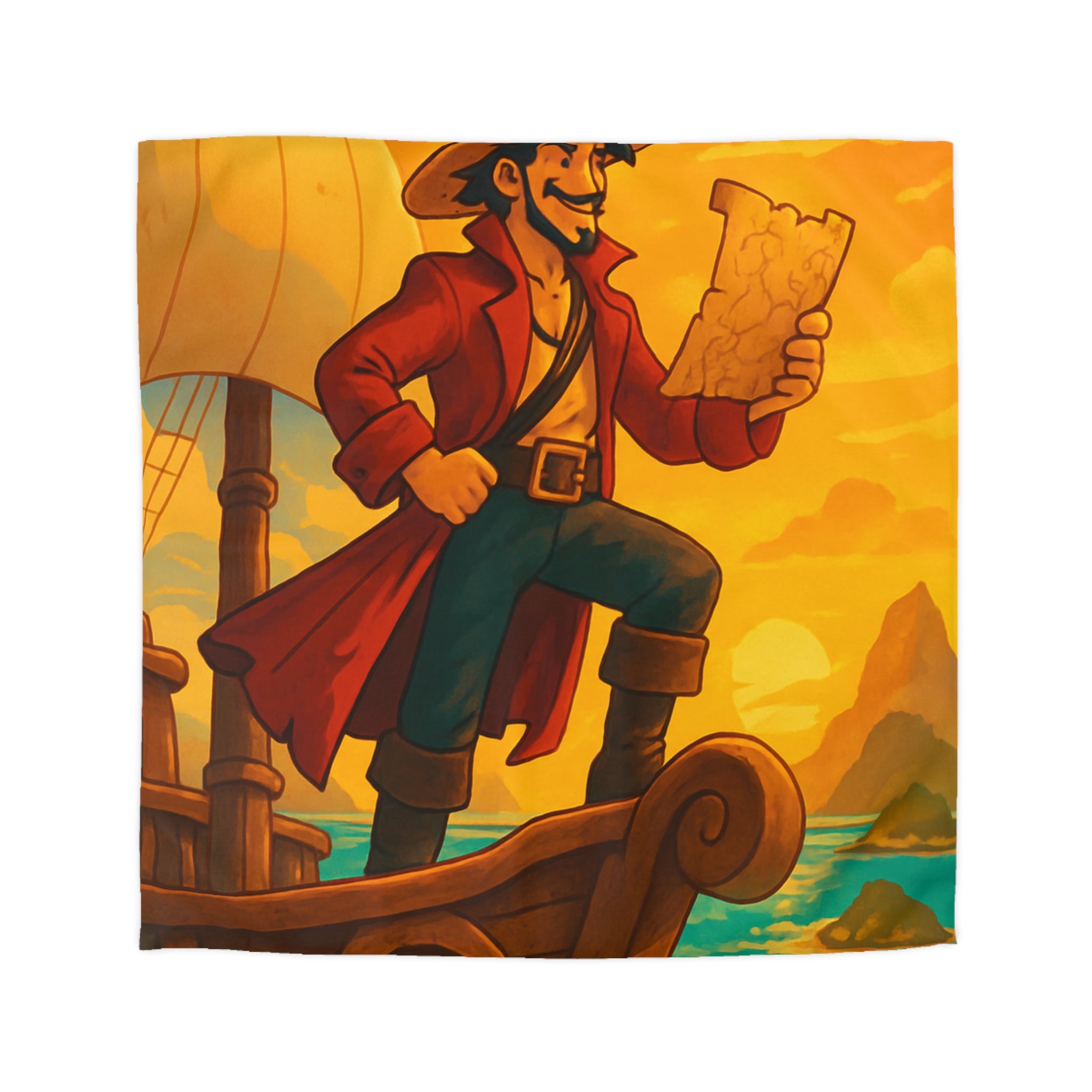 Housse de Couette Pirate Aventurier sur Bateau en Mer au Coucher du Soleil