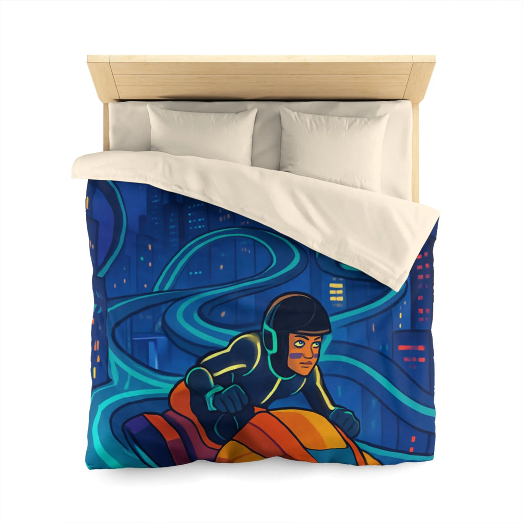 Housse de couette futuriste moto volante dans ville éclairée aux néons