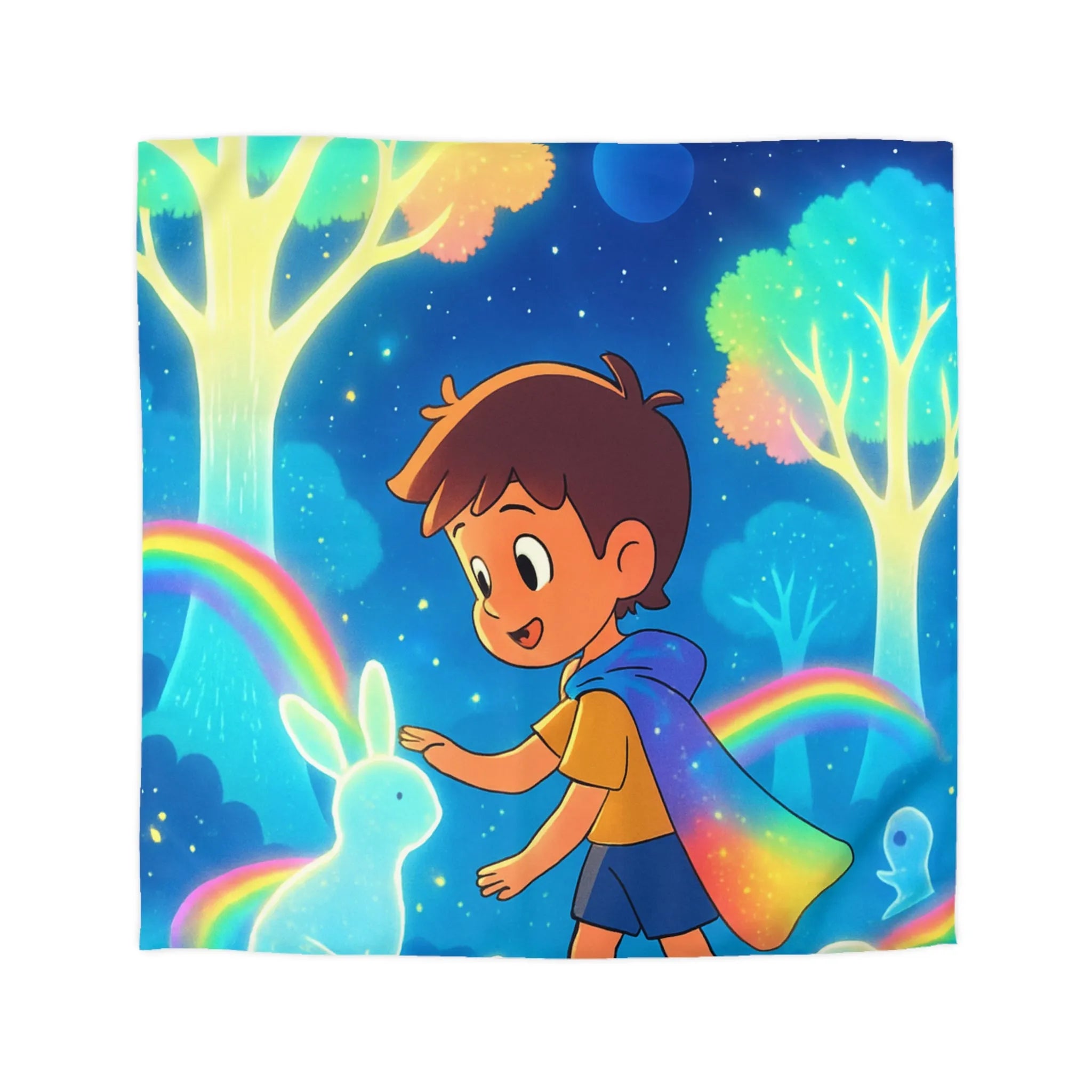 Housse de couette enfantine aux créatures lumineuses et arcs-en-ciel dans forêt enchantée