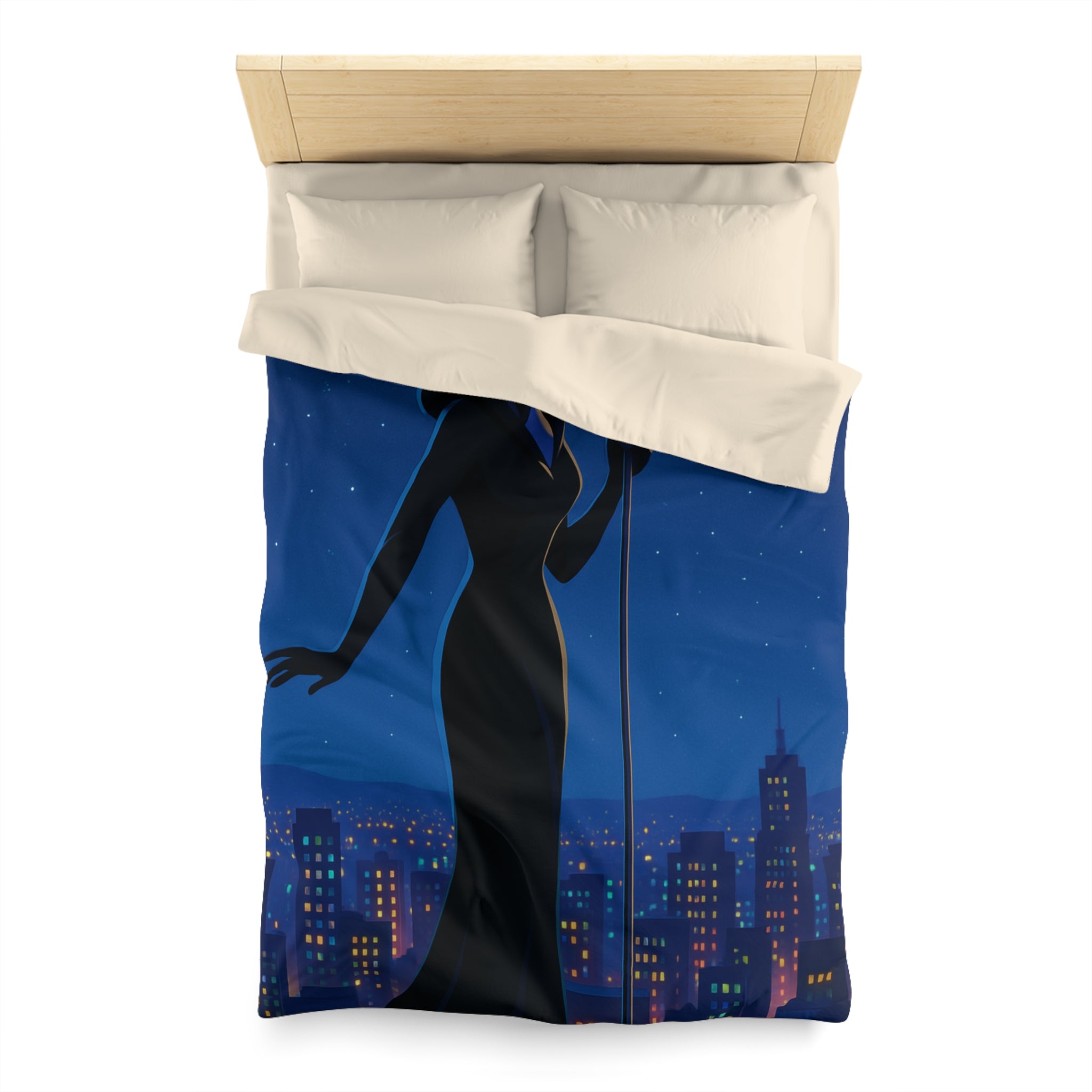 Housse de couette nocturne élégante avec silhouette mystérieuse et micro en arrière-plan urbain