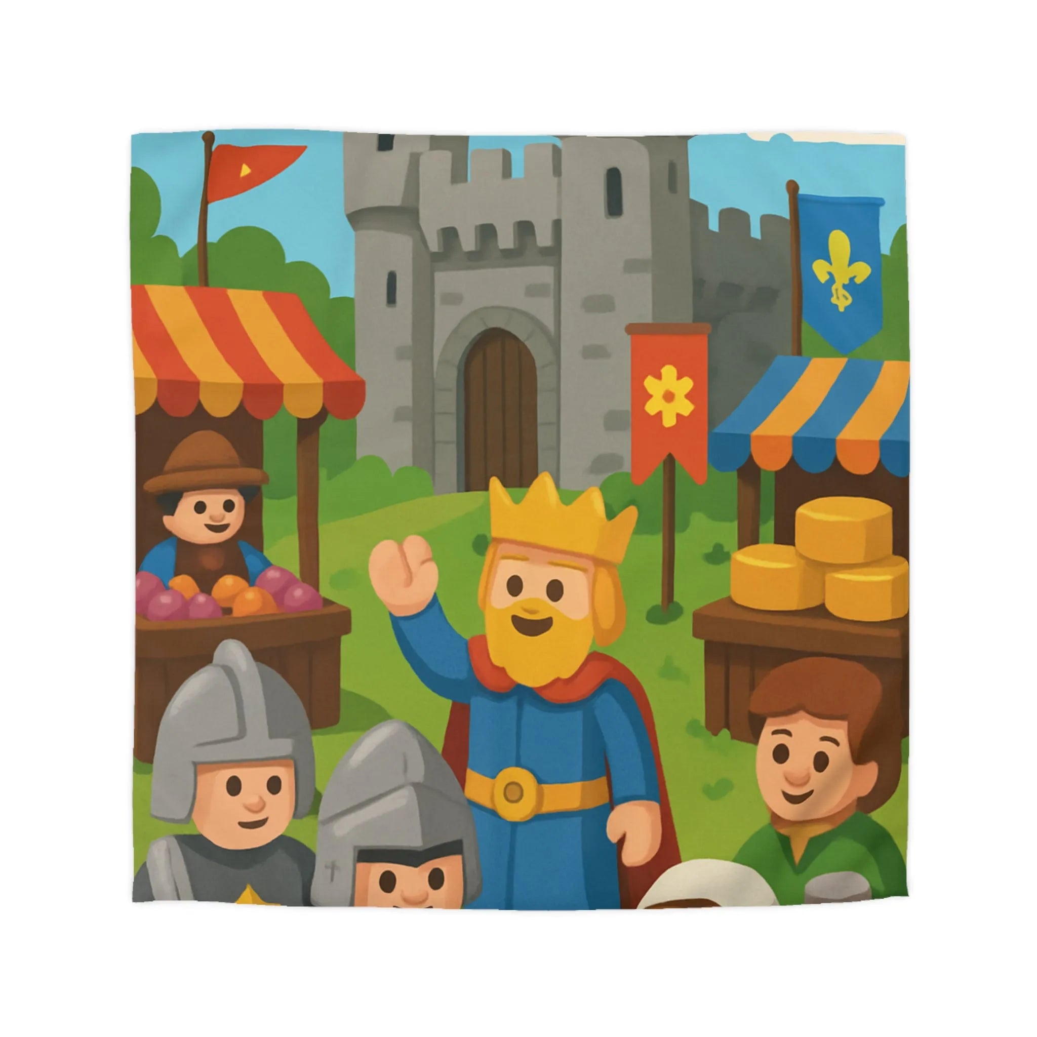 Housse de Couette Ludique Moyen Âge Château Roi et Marché Animé Coloré