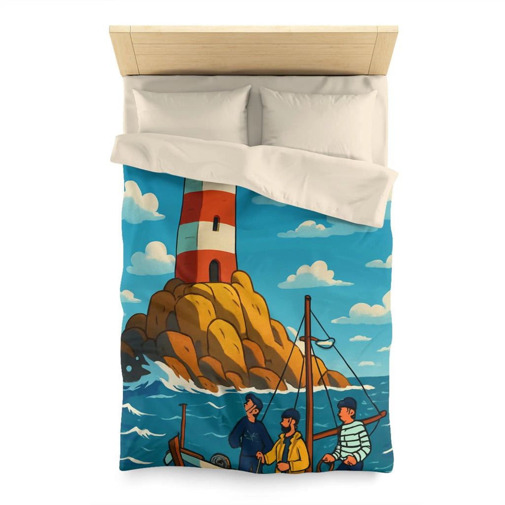 Housse de couette maritime avec phare, bateau et équipage sur mer agitée