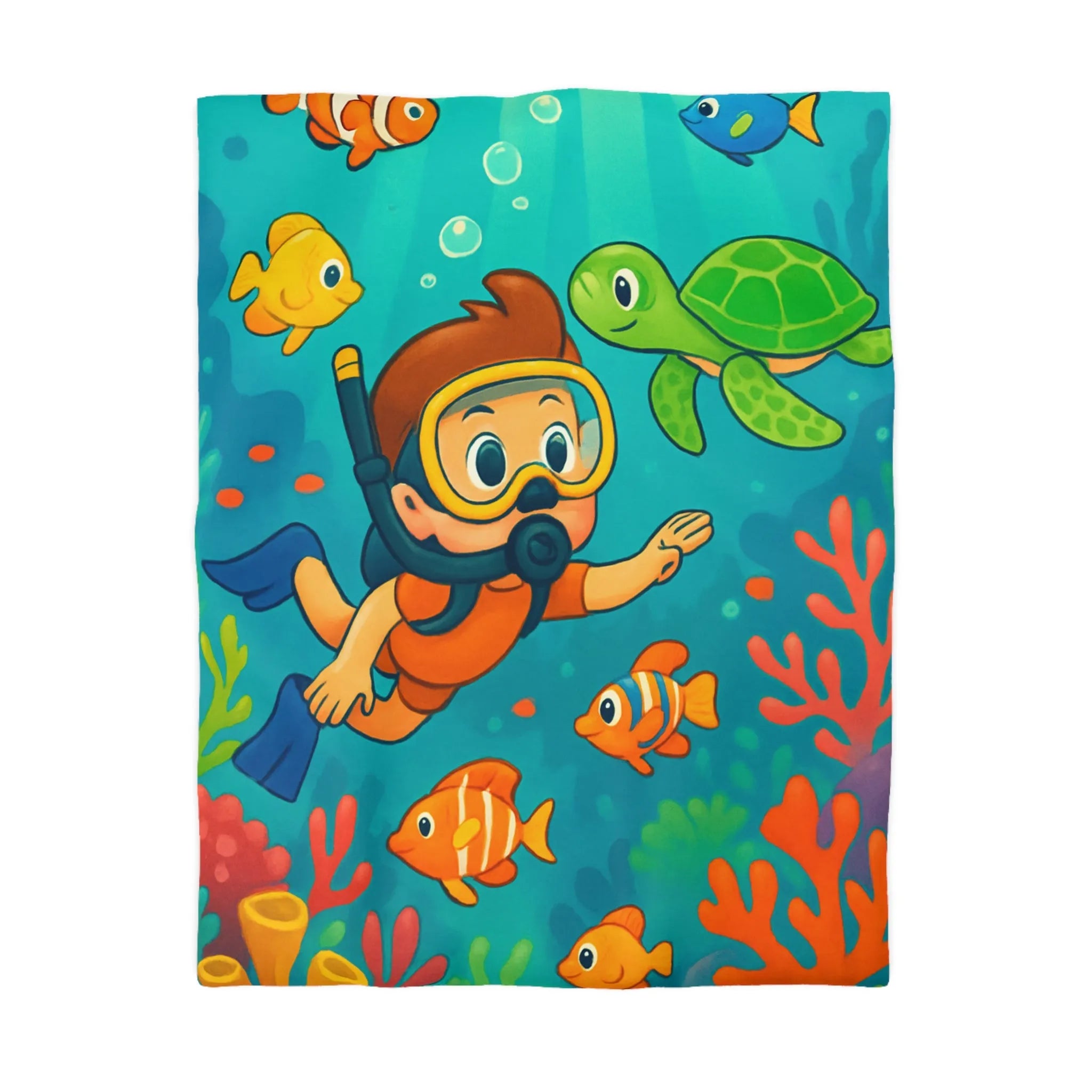 Housse de couette enfant avec dessin coloré sous-marin, snorkeling, poissons et tortue
