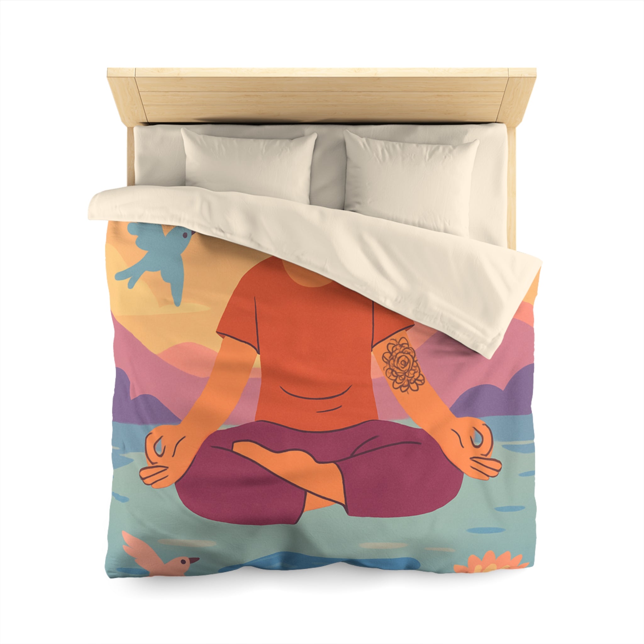 Housse de Couette Zen avec Design Méditation, Lotus et Oiseaux Colorés - Sérénité Nature