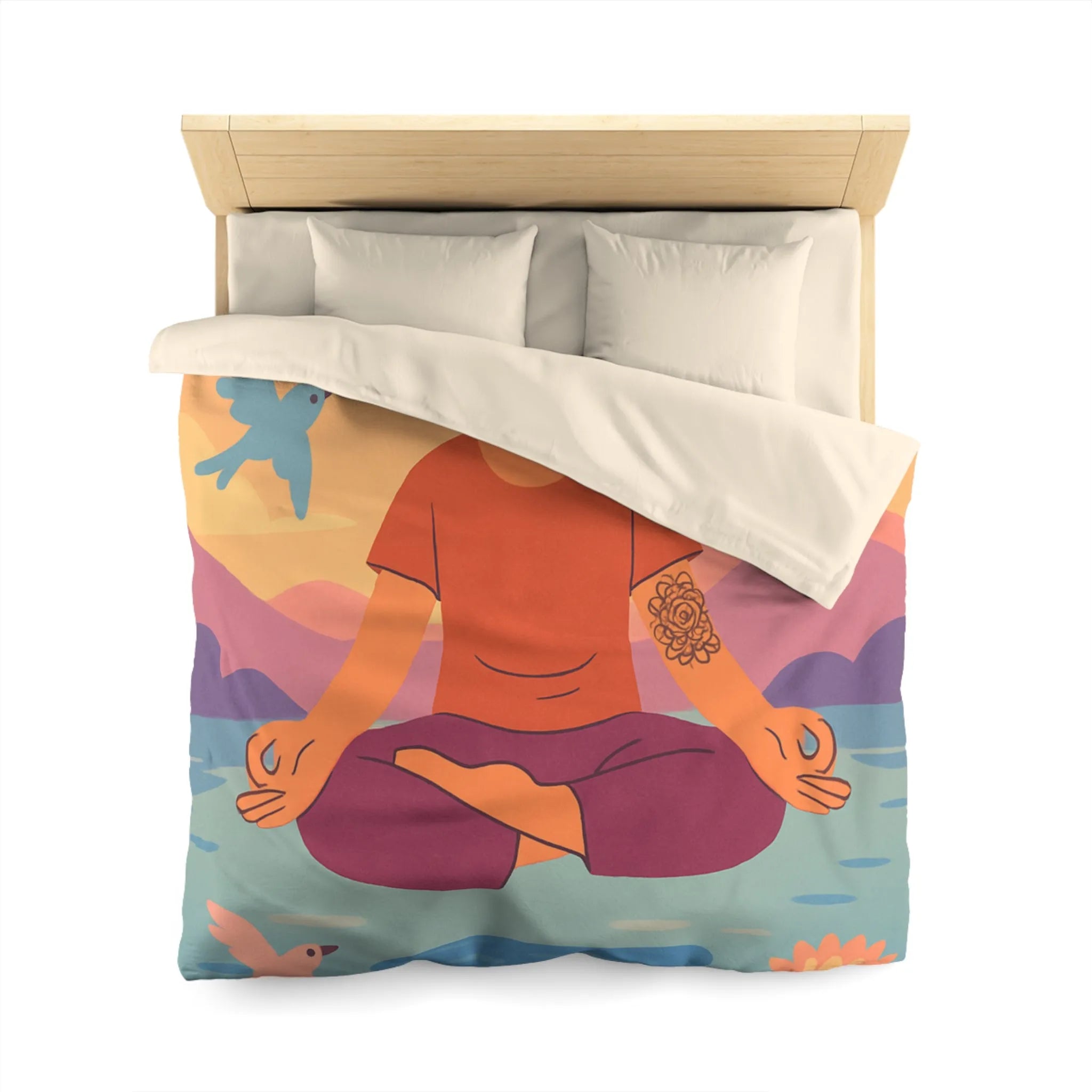 Housse de couette méditative avec motifs paisibles de nature et oiseaux colorés