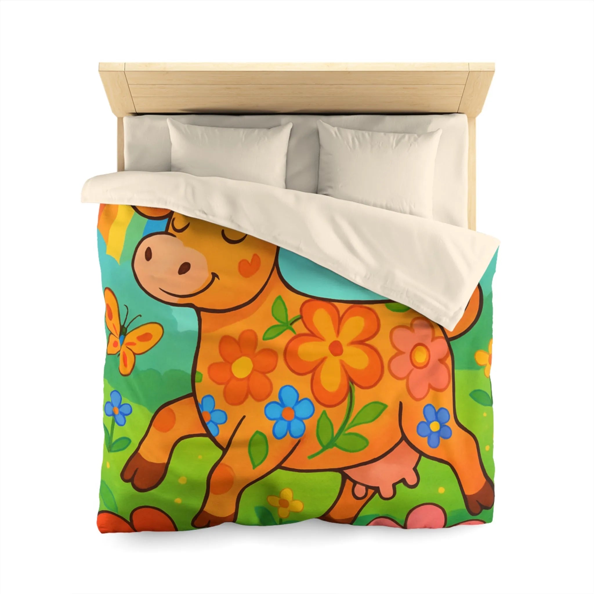 Housse de Couette Enfant Joyeuse Vache Orange Sous Arc-en-Ciel et Papillons Colorés