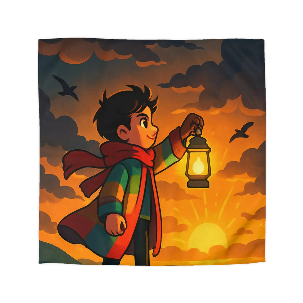 Housse de couette avec illustration enfantine colorée : garçon, lanterne, ciel dramatique