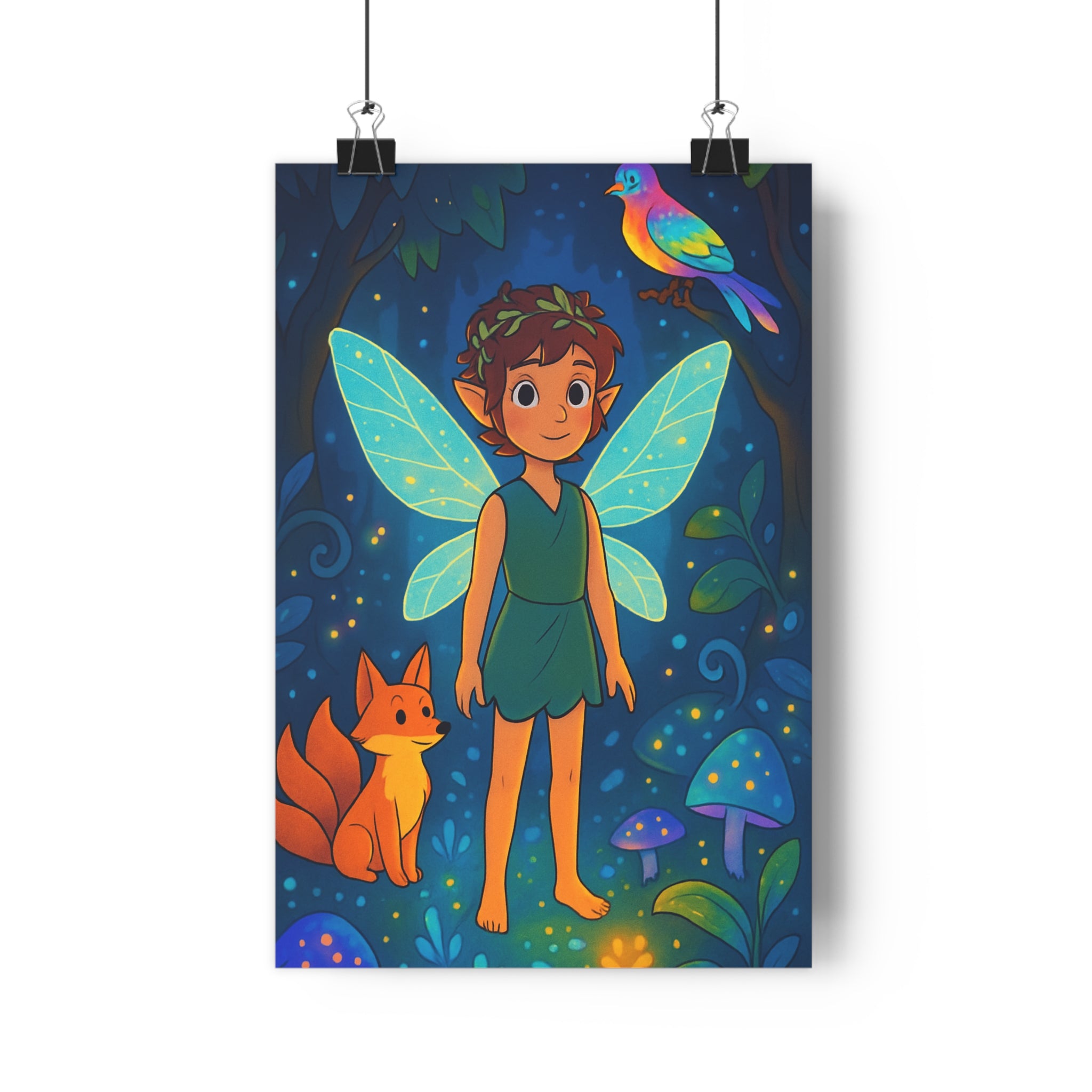 Poster décoratif féerique bleu vert magique enfant chambre forêt mystique lumineux apaisant 30x46 fantaisie
