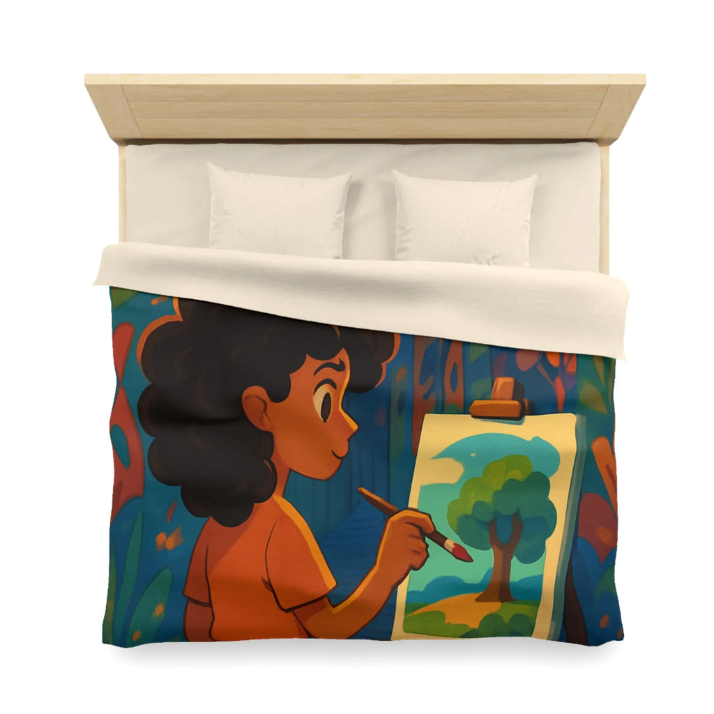 Housse de couette colorée illustrant une ruelle artistique avec peinture et lanterne