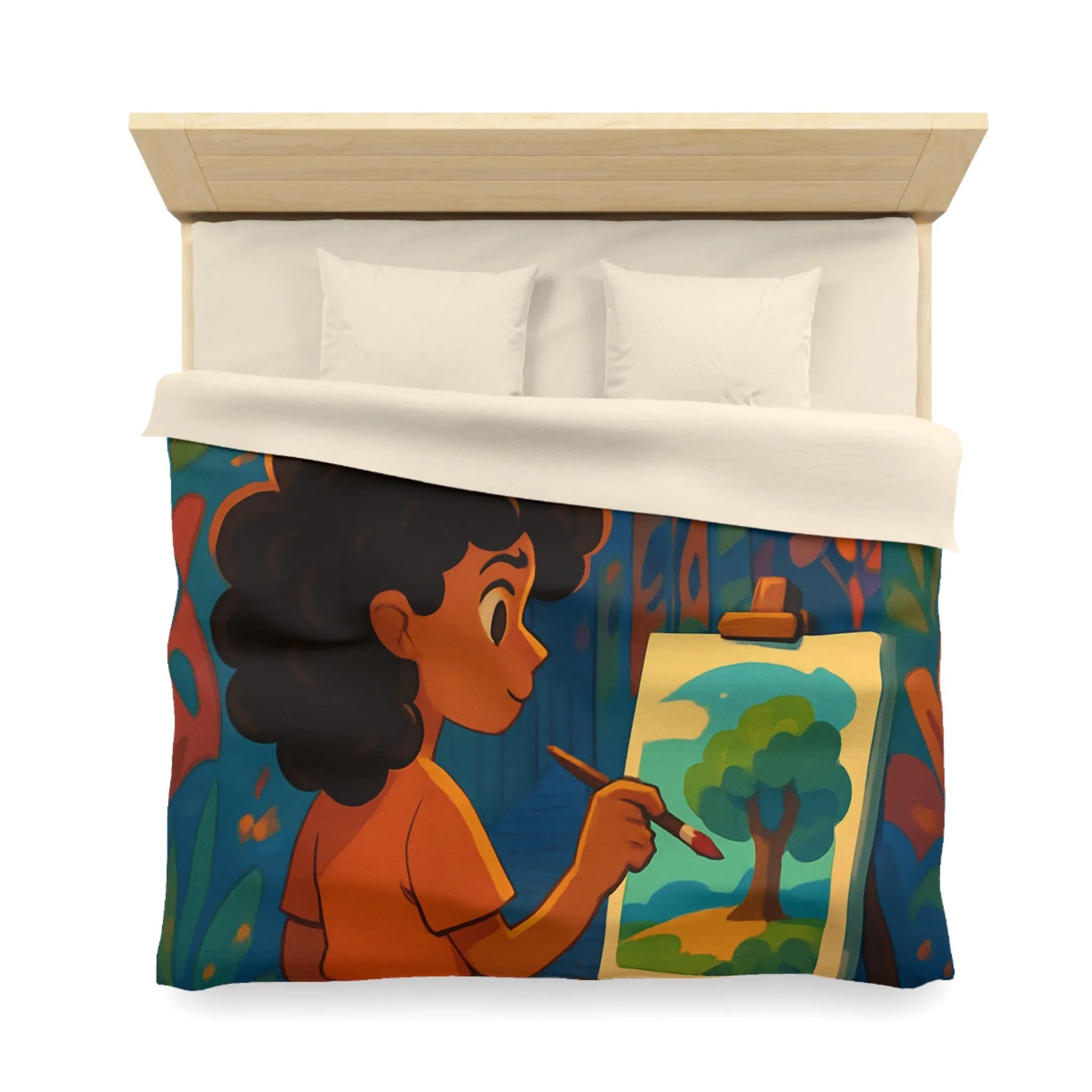 Housse de couette colorée illustrant une ruelle artistique avec peinture et lanterne