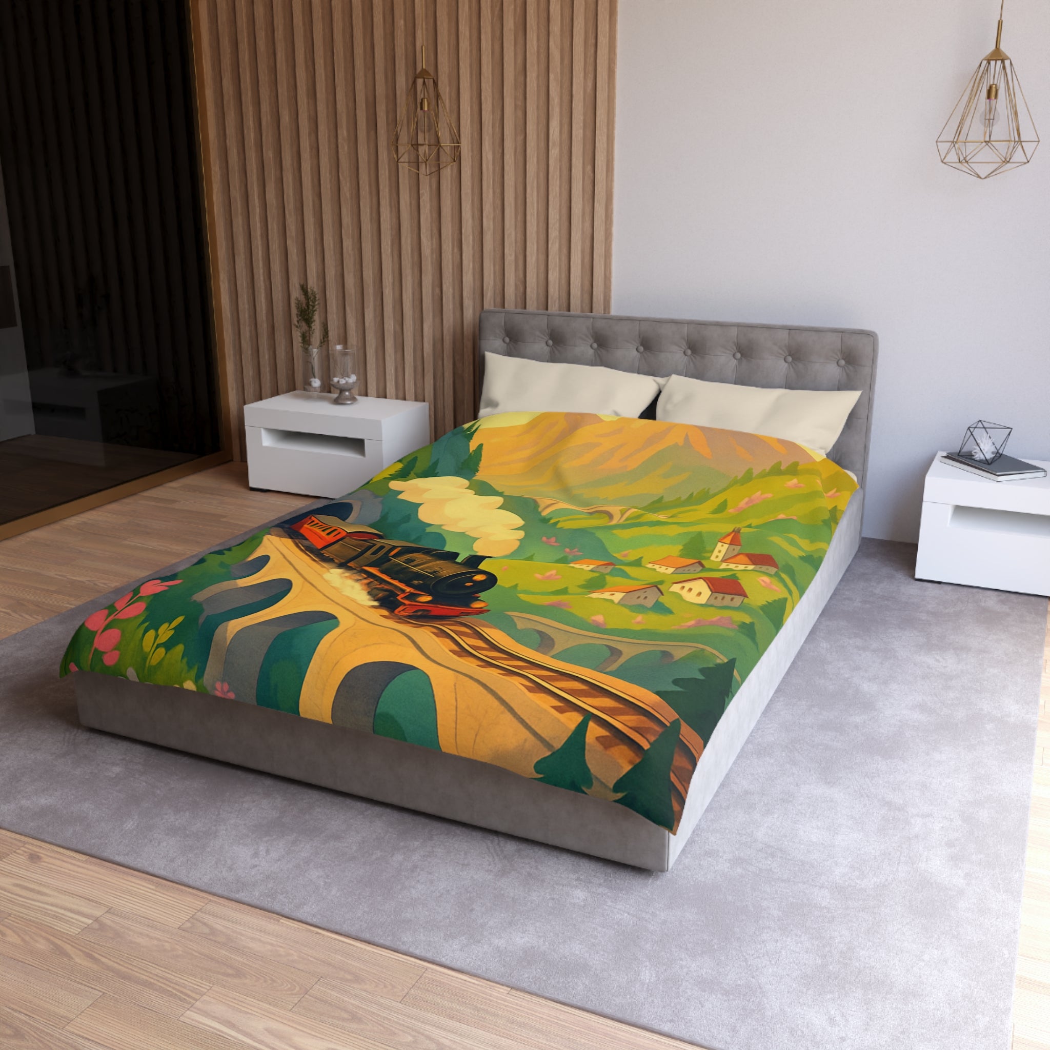 Housse de Couette Vintage Montagne Train Pont Naturelle Ambiance Enchantée Peinture Colorée