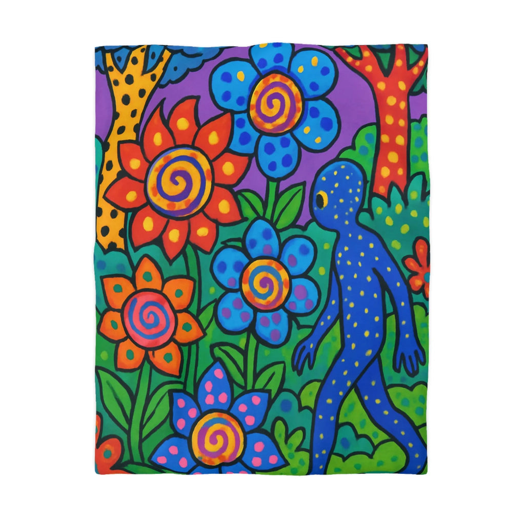 Housse de couette joyeuse avec motifs floraux et créature colorée en jungle vibrante