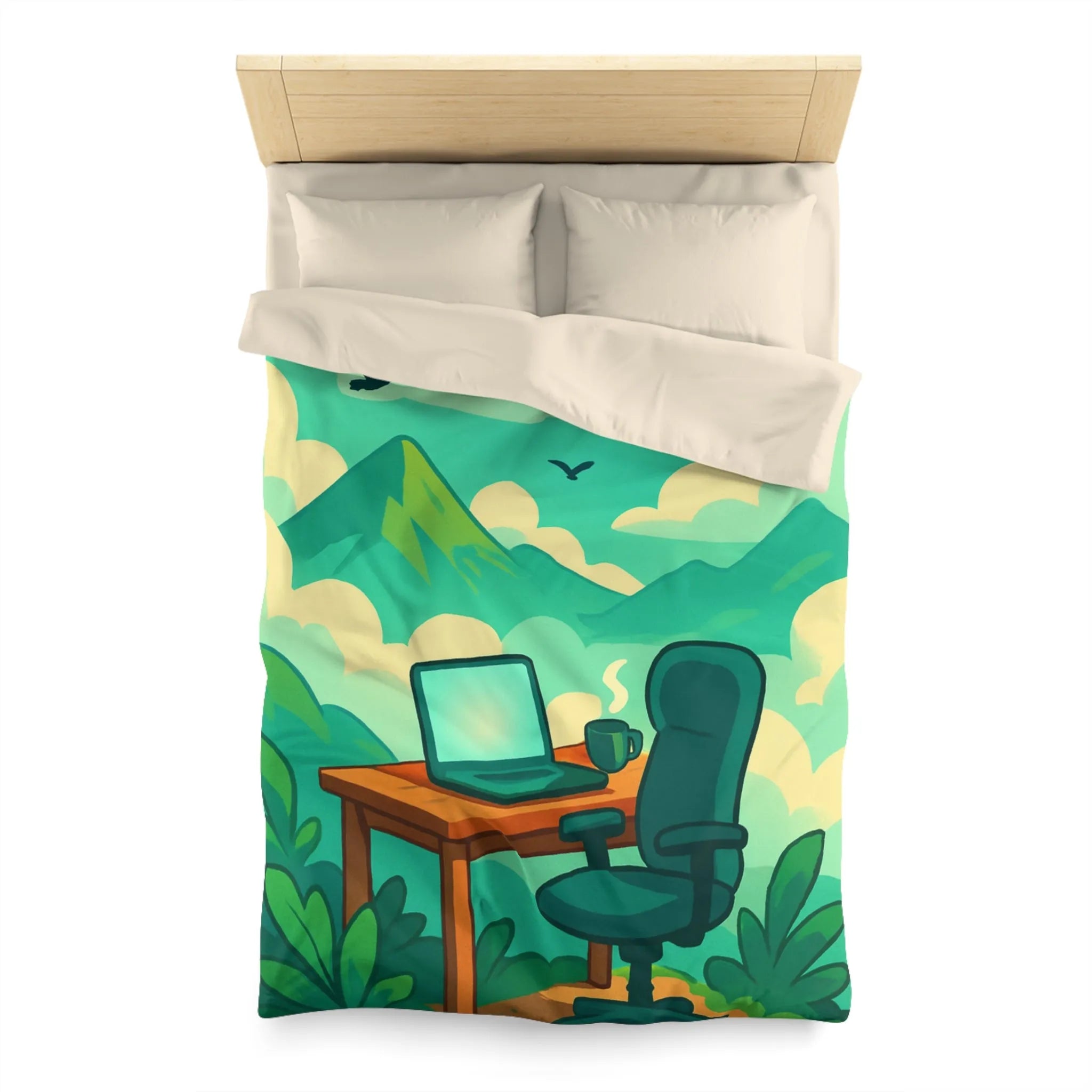 Housse de couette avec paysage de montagne, nature verdoyante, bureau et ciel serein