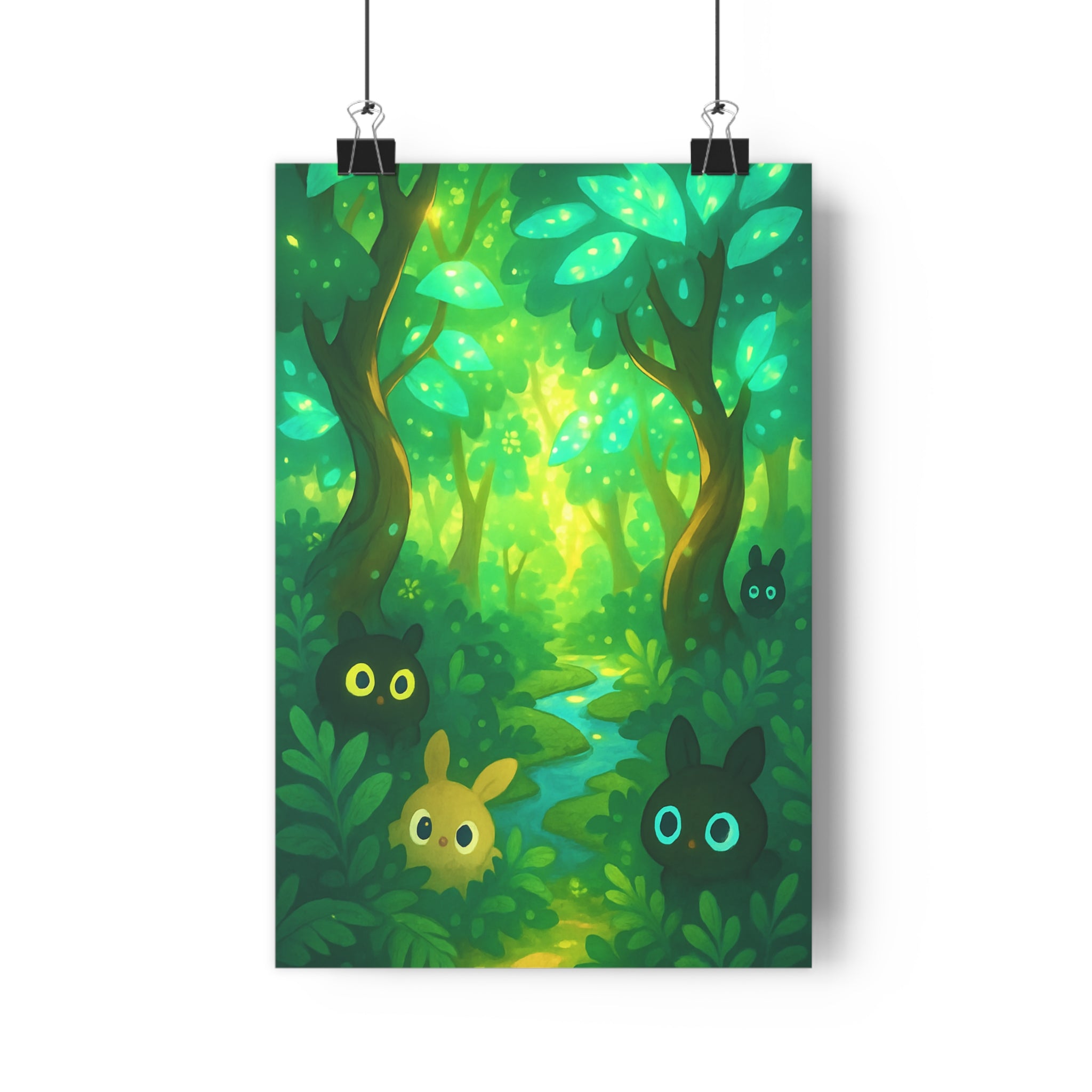 Poster décoratif cartoon forêt enchantée magique créatures colorées joyeux enfant nature illustration murale élégant