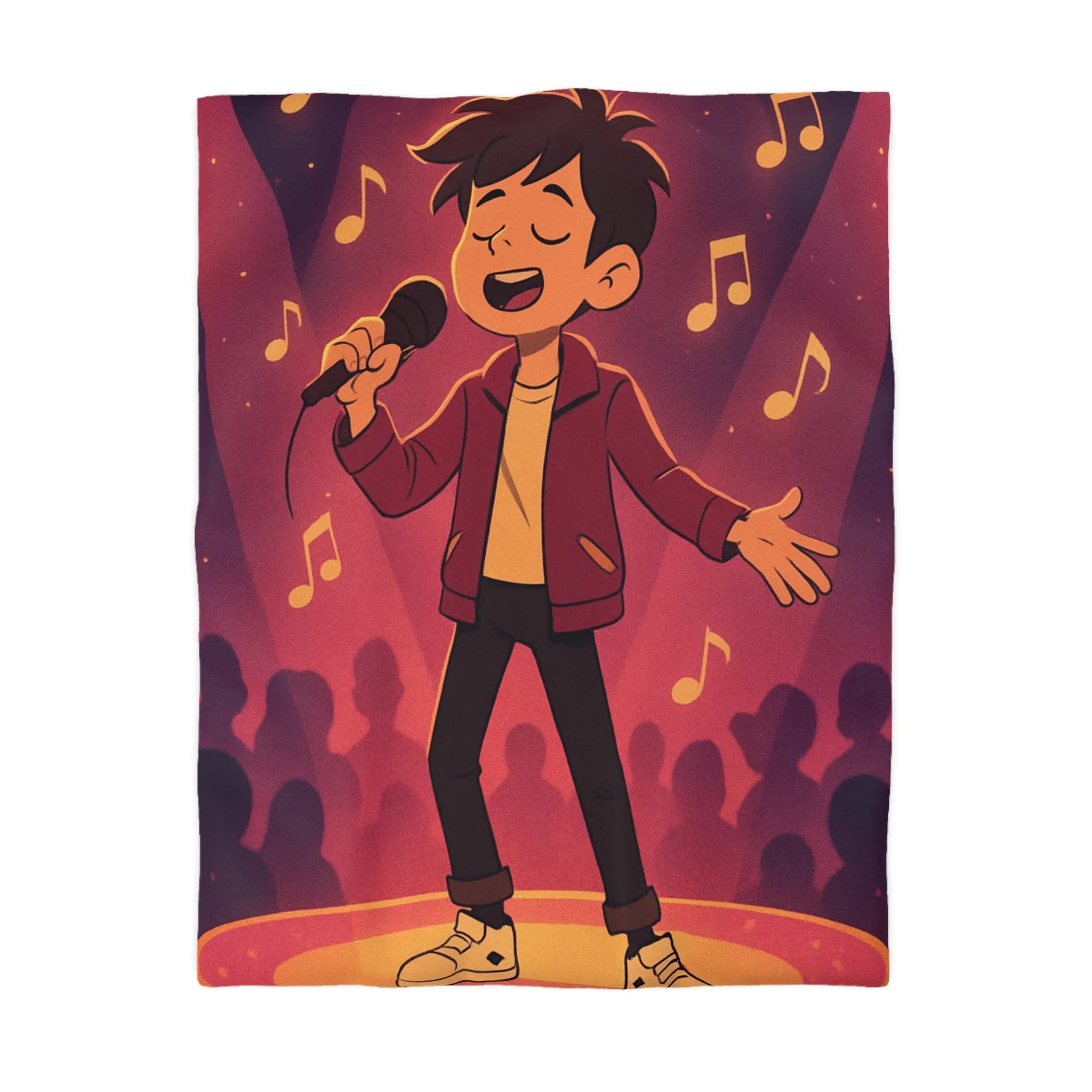 Housse de couette animée chanteur sur scène, ambiance vive et musicale au cœur vibrant