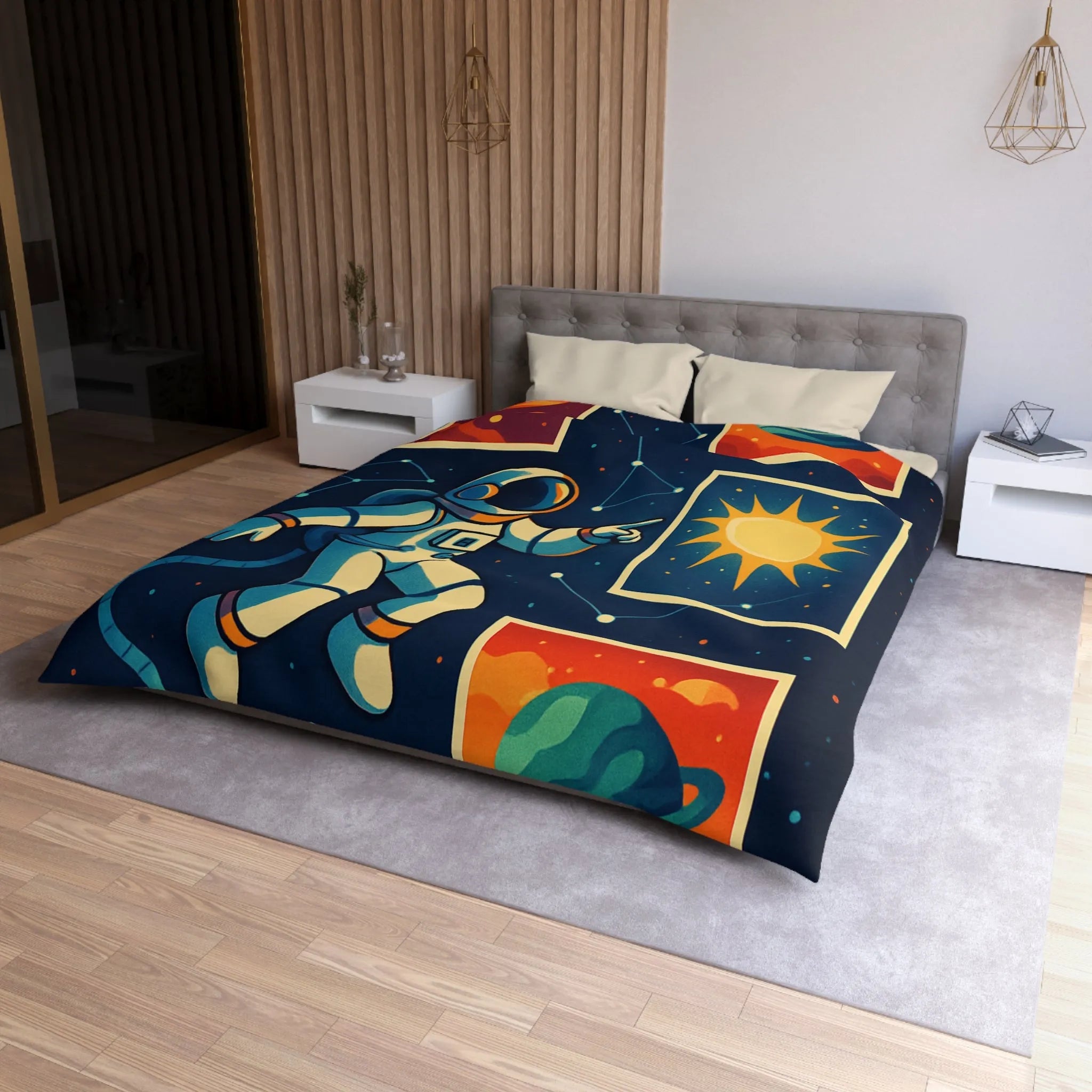 Housse de Couette Espace: Astronaute Flottant parmi Planètes et Constellations, Nuit Étoilée