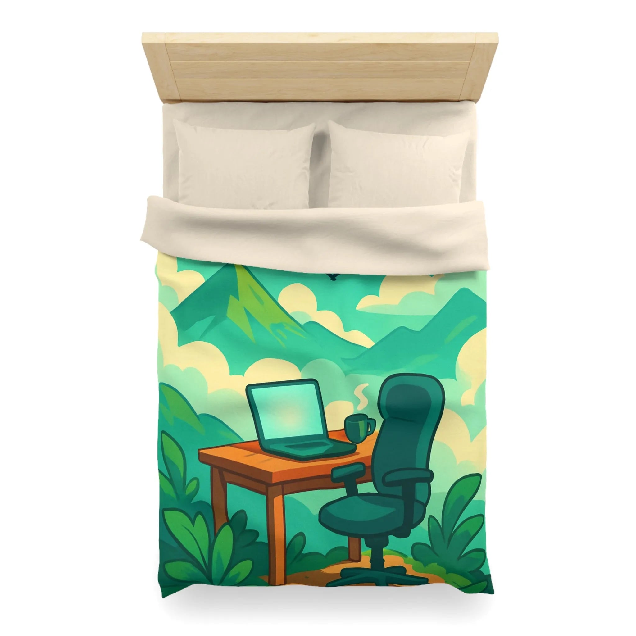 Housse de couette avec paysage de montagne, nature verdoyante, bureau et ciel serein