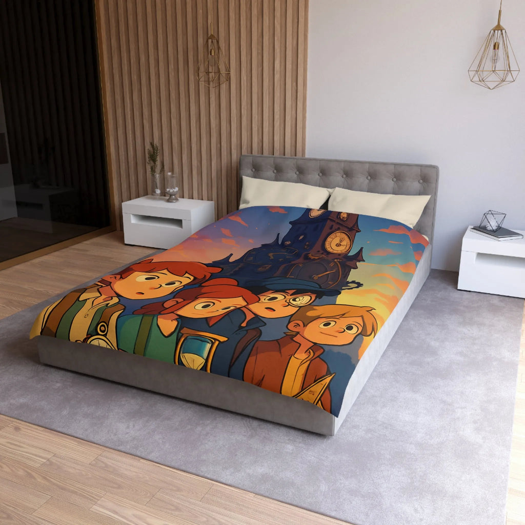 Housse de couette illustrée aventure jeunesse horloges coucher de soleil style animé vibrant