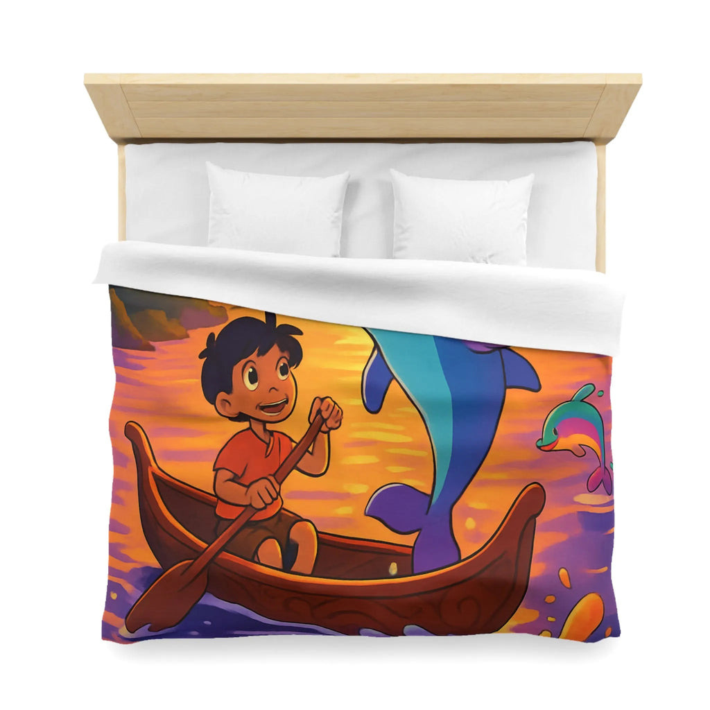 Housse de Couette Enfant : Dauphin Bleu, Aventure en Barque, Coucher de Soleil