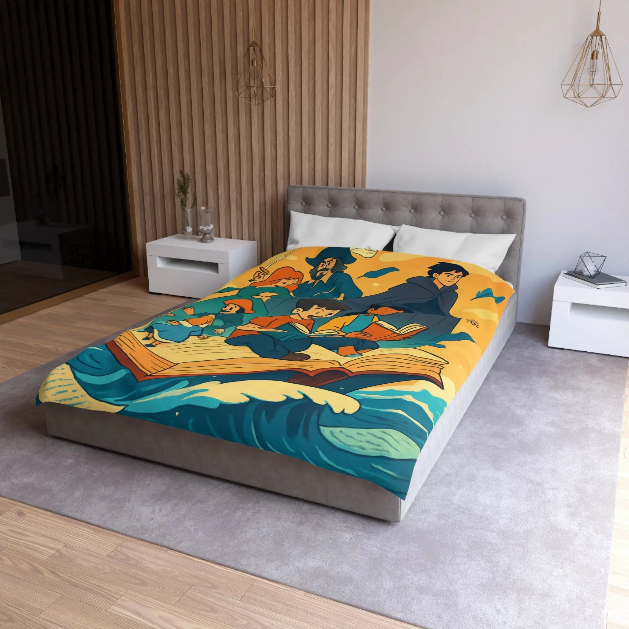 Housse de couette enfant rêve fantastique avec livre, vagues et personnages imaginaires