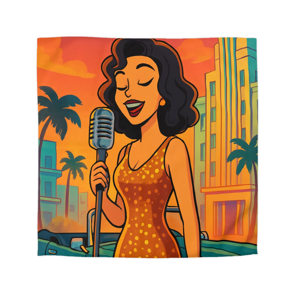 Housse de couette jazz rétro avec chanteuse, voiture vintage, coucher de soleil vibrant