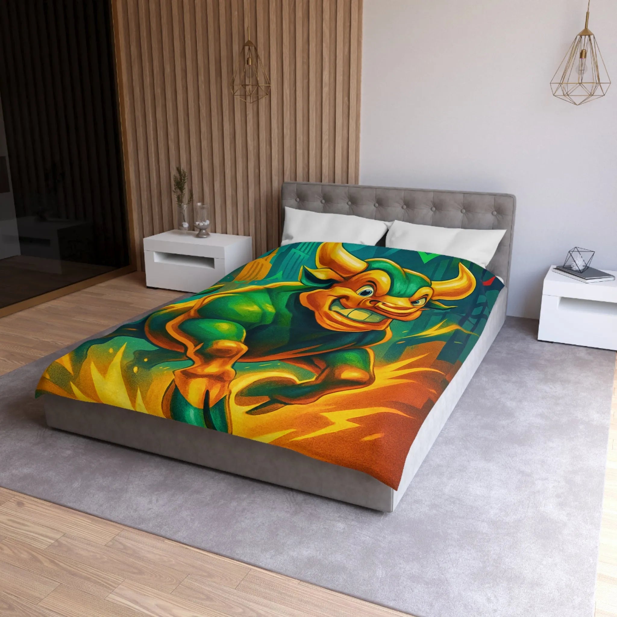 Housse de couette dynamique avec taureau optimiste et flèches de croissance urbaine