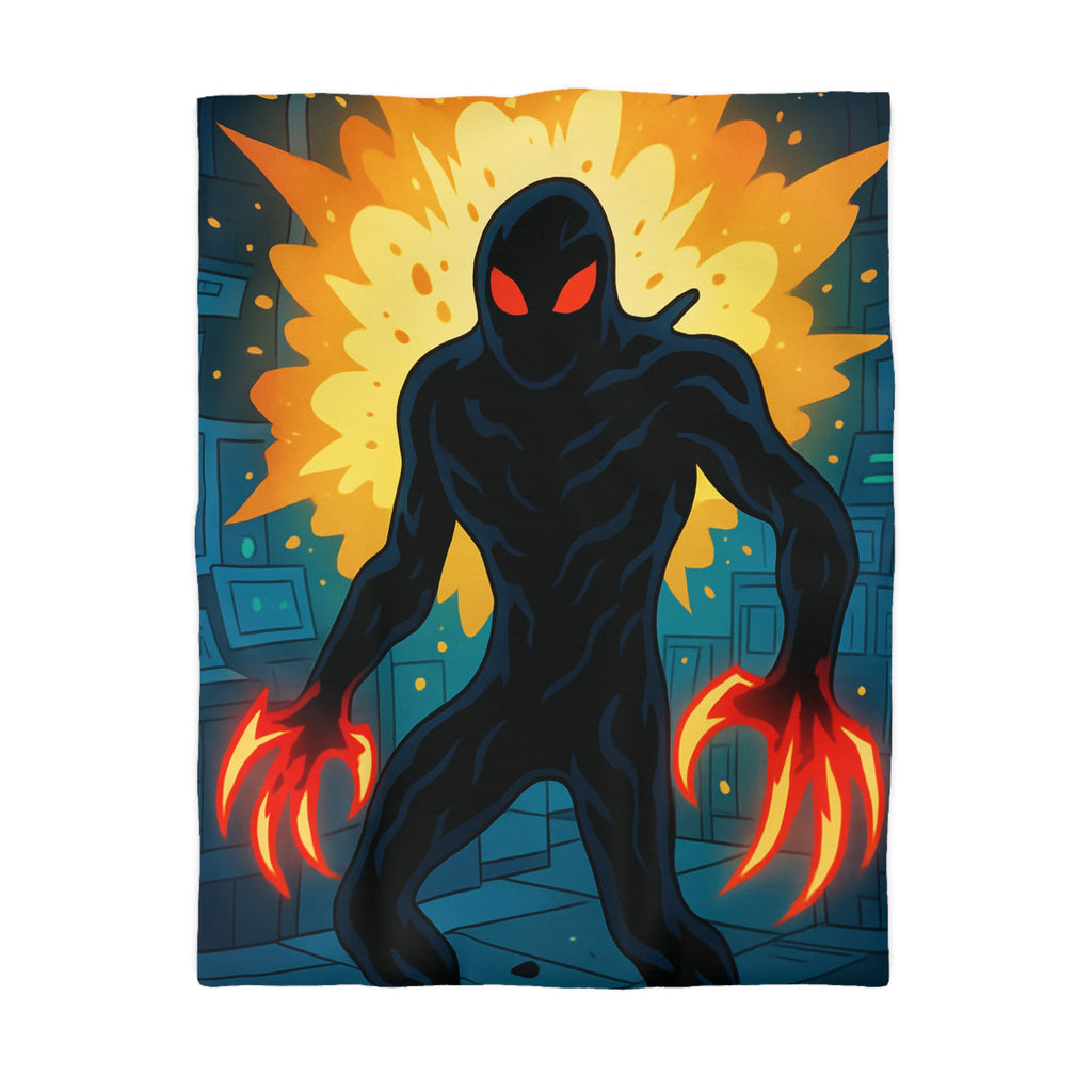 Housse de couette sombre avec créature enflammée aux griffes lumineuses