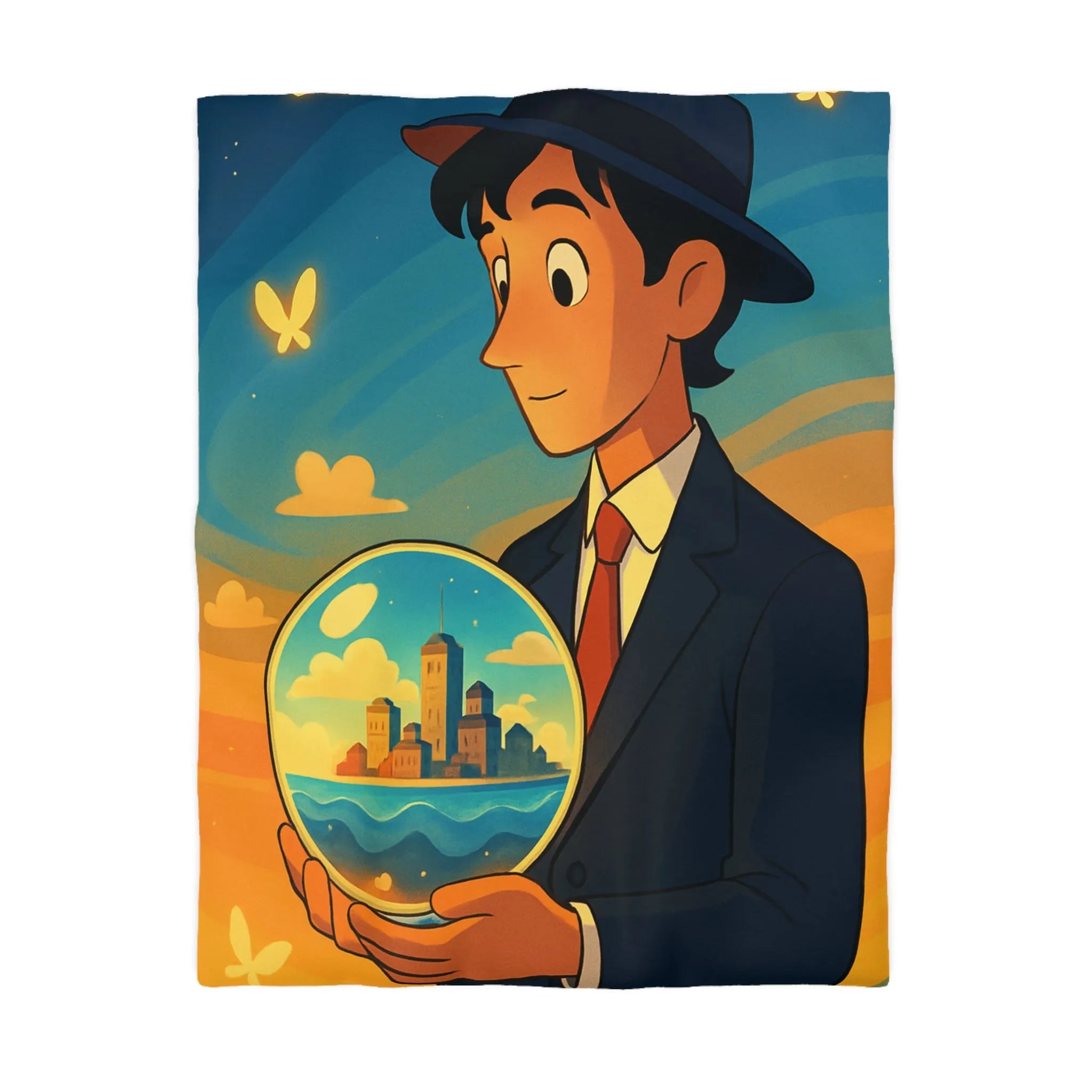 Housse de couette avec illustration surréaliste d'un homme tenant une sphère magique