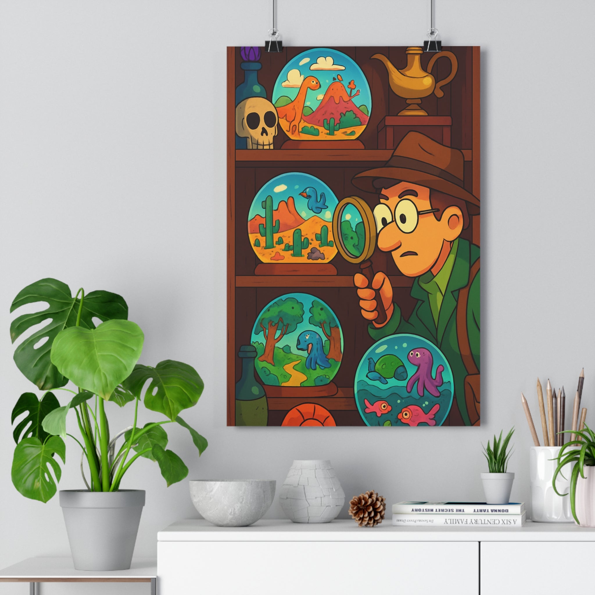 Poster décoratif cartoon explorateur coloré mystérieux intrigant aventurier chambre enfant bureau 30x46 vibrant qualité