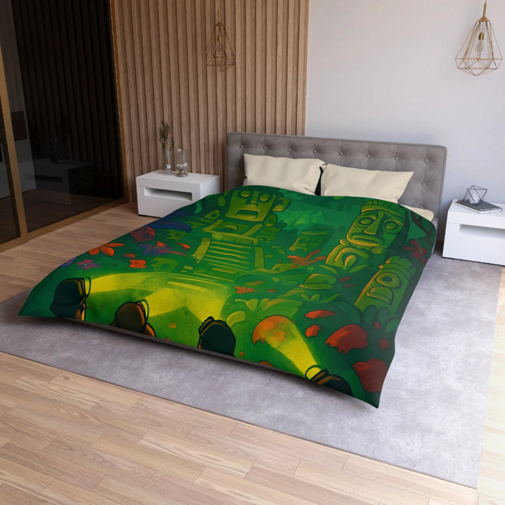Housse de couette forêt tropicale avec statues anciennes, parfait pour les explorateurs nocturnes