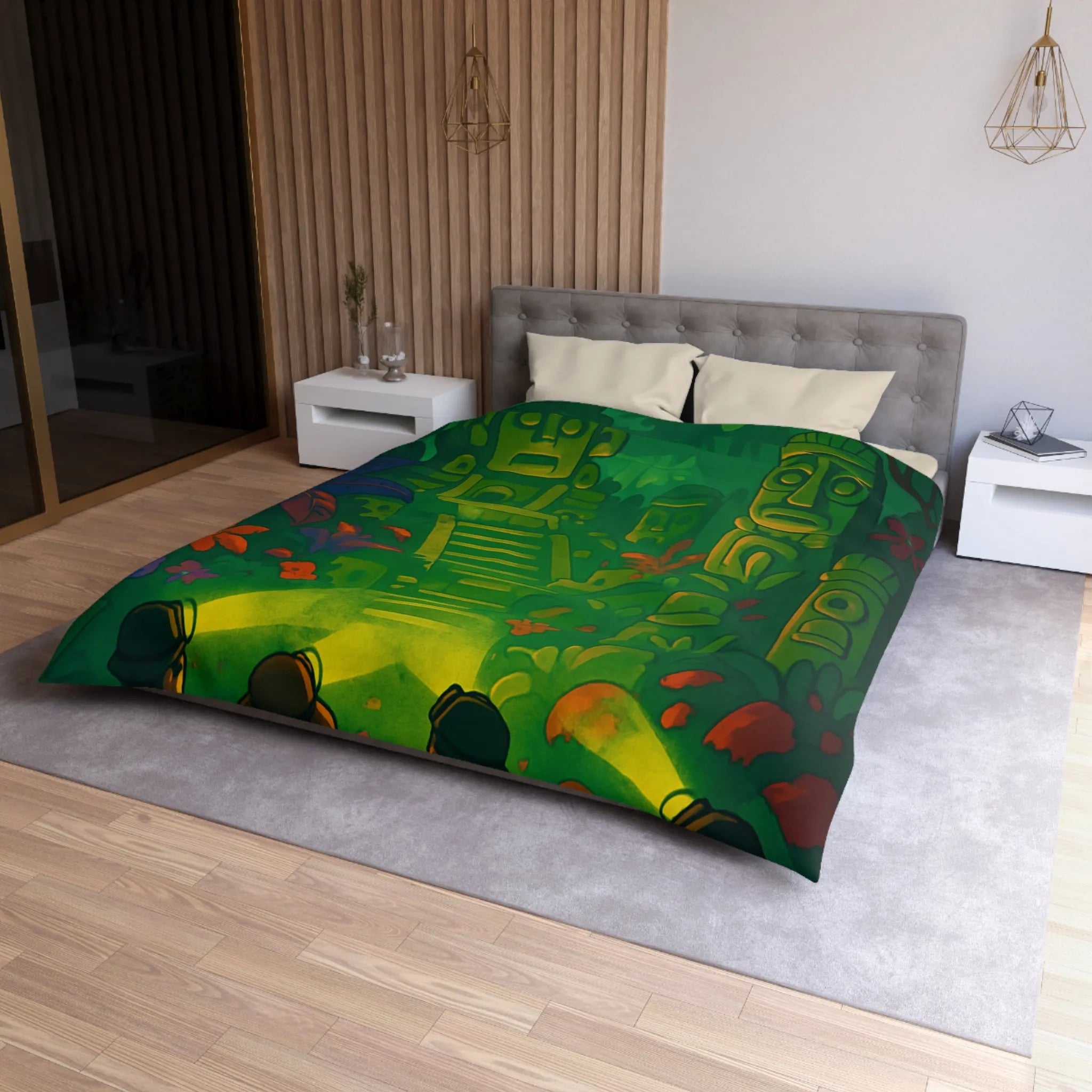 Housse de couette forêt tropicale avec statues anciennes, parfait pour les explorateurs nocturnes
