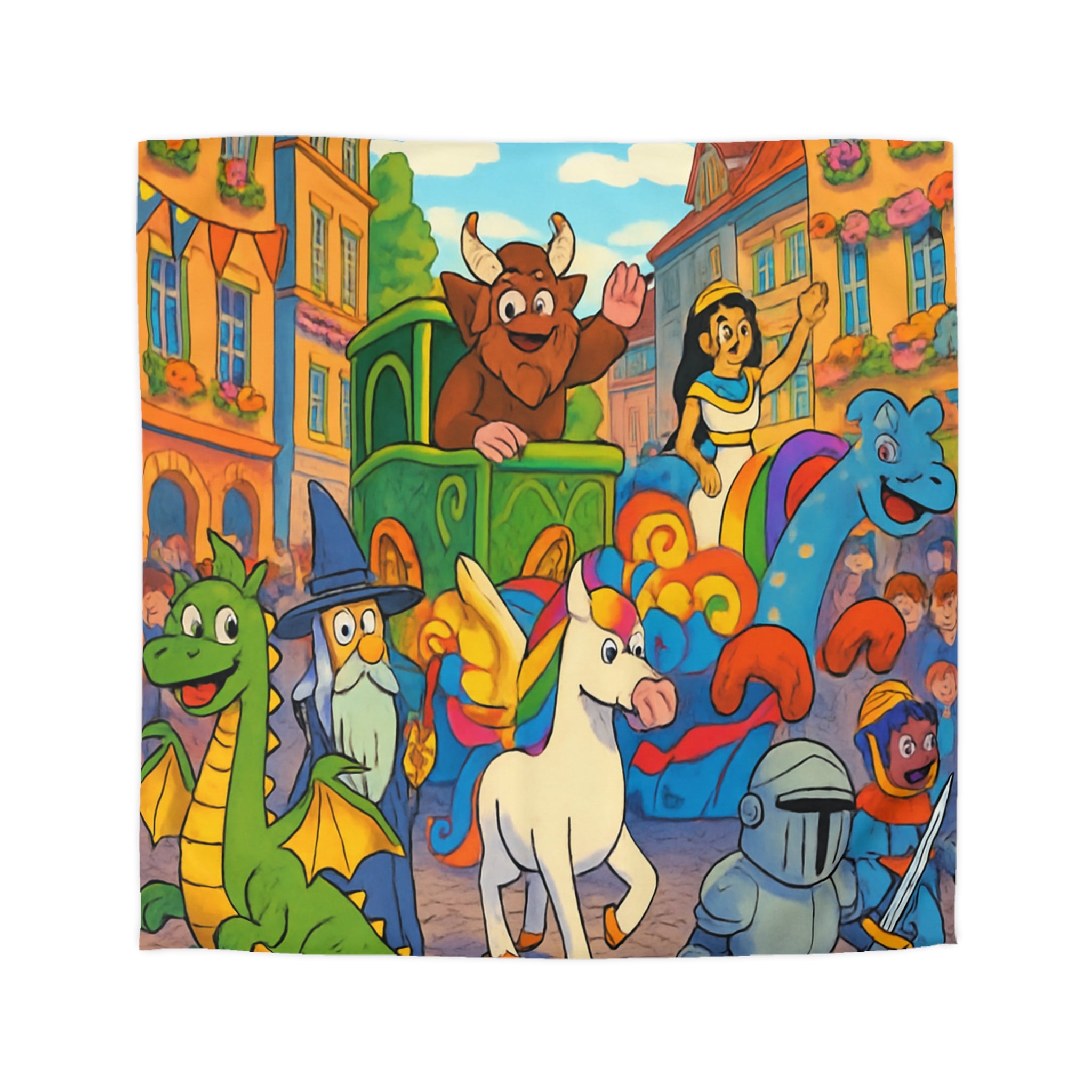 Housse de Couette Motif Parade Joyeuse avec Dragons Licornes et Chevaliers Enchantés