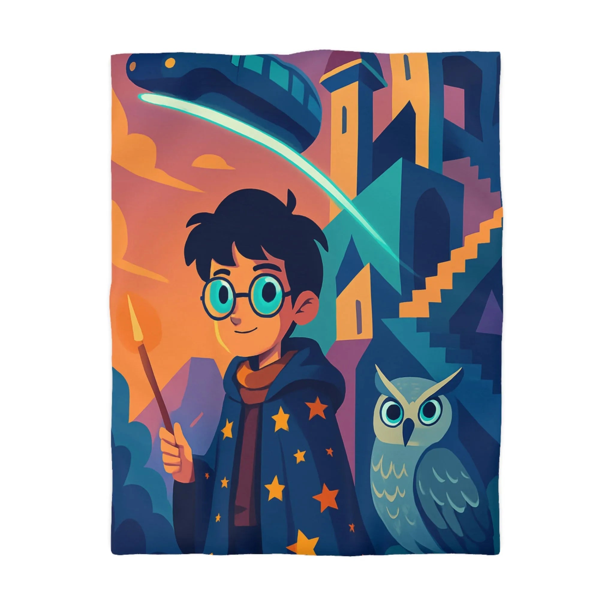 Housse de couette magique avec motif de garçon sorcier et hibou lumineux